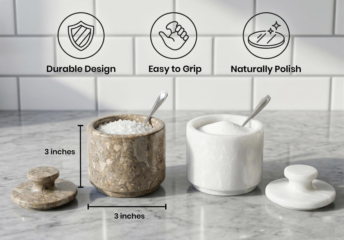 Marble Salt Cellar with Lid - Stone Salt Container for Countertop, Salt Box Keeper for Kitchen Counter, 3.5 oz OceanicX Marble Cellar (White Oceanic)