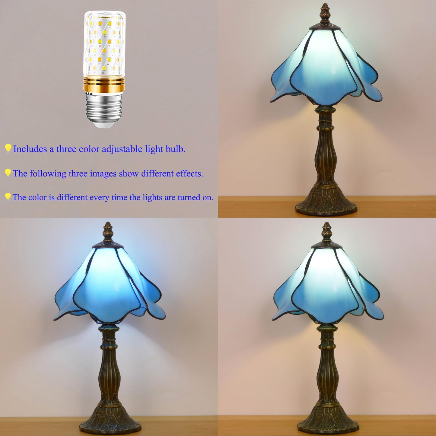 WFAYNTIFL Small Tiffany Table Lamp Blue Morning Glory Style W8H14.5 Inch
