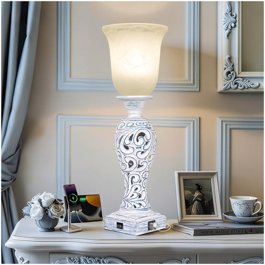 20" Table Lamp with 2 USB Ports, Vintage Bedside Lamp for Bedroom, 3-Way Dimmable Desk Lamp with Glass Shade, Rustic Farmhouse Nightstand Light for Living Room Entryway or Office, LED Bulb Included