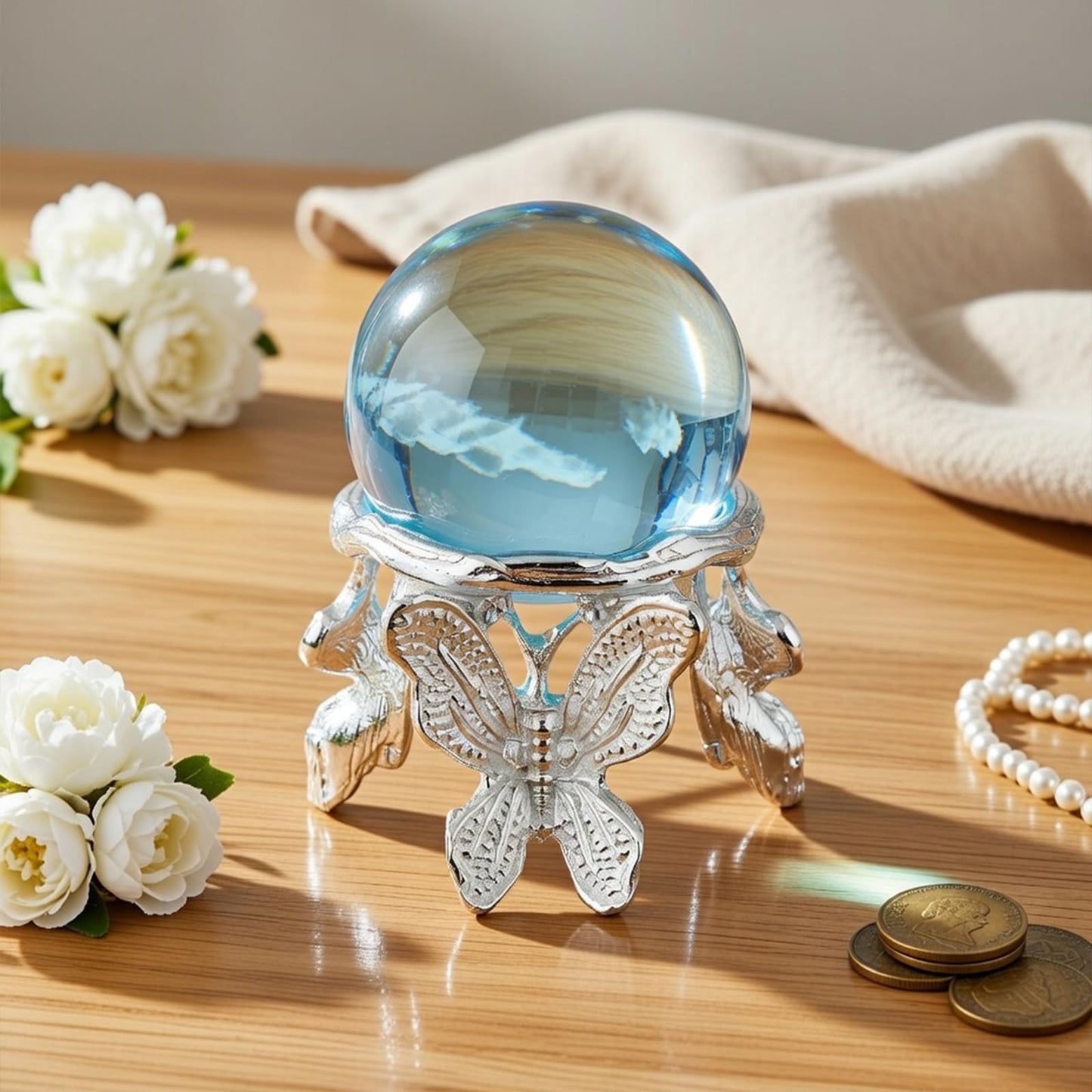 Hicarer 4 Pcs Metal Butterfly Crystal Ball Stand Silver Sphere Holder Butterfly Shape Ball Egg Base Modern Minimalist Metal Art Crafts for Sphere Globe Home Decor, Desk & Shelf Display