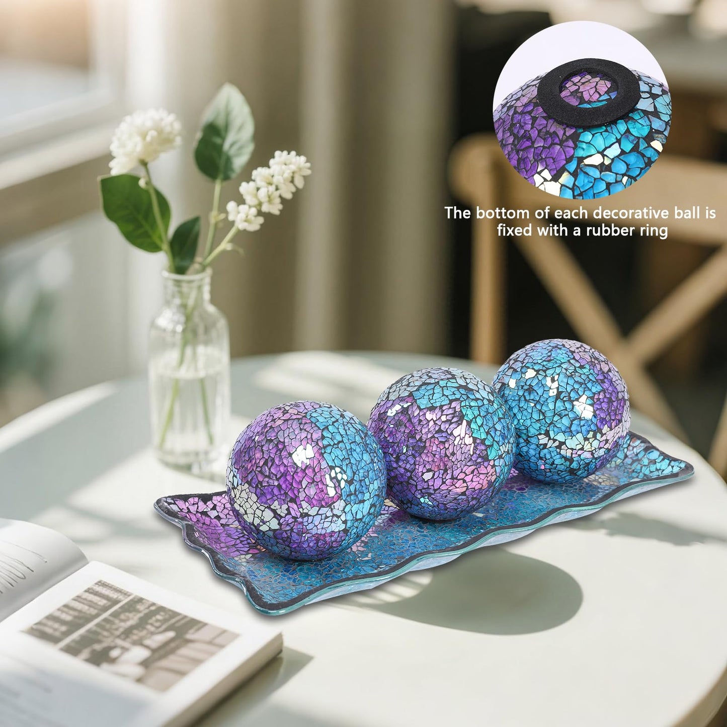 Afirst Decorative Ball and Glass Bowl - 4 Inch Mosaic Sphere Centerpiece Table Decorations with Tray for Coffee Table Decor, Living Room,Dining Table,Party,Wedding Decor