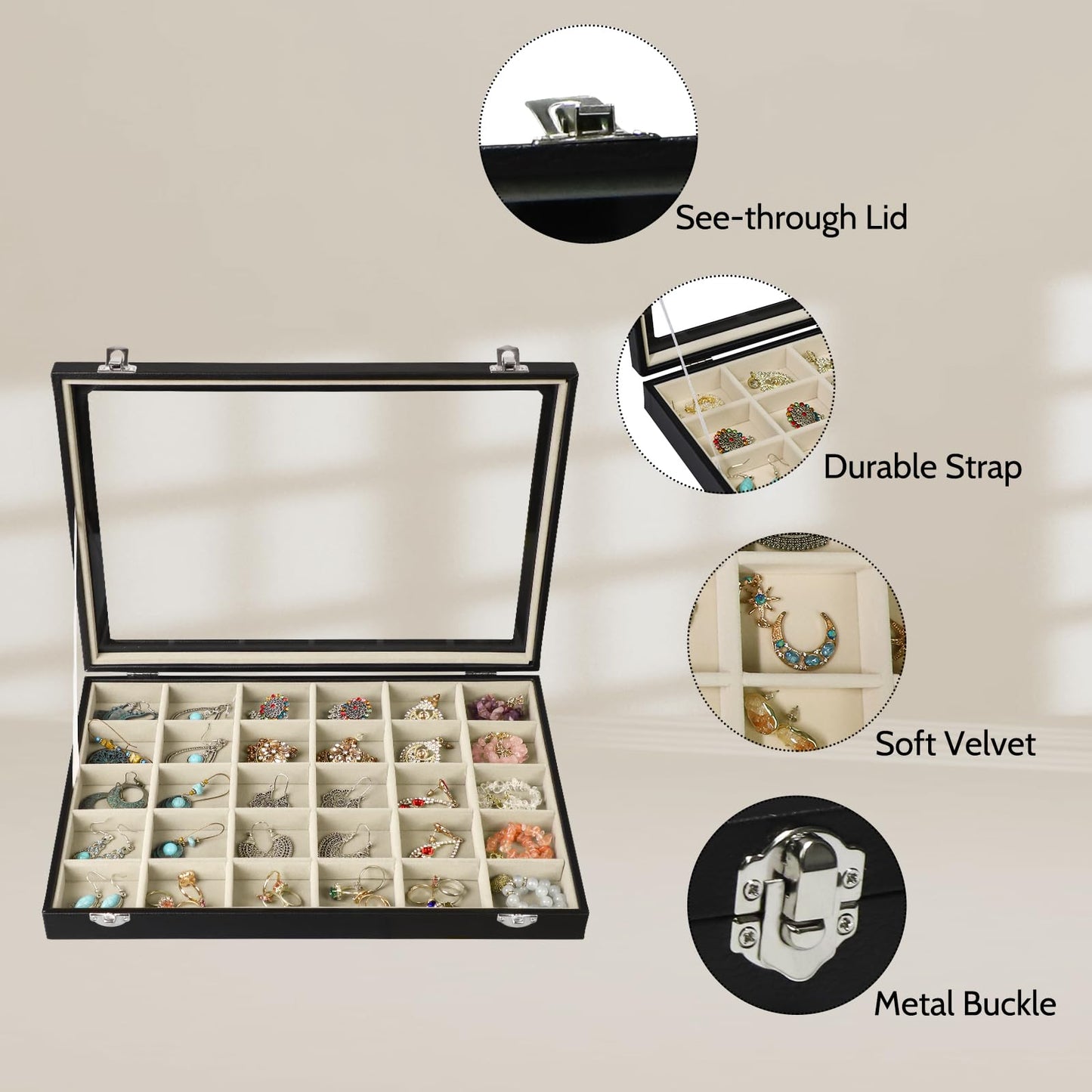 Stratalife 30 Grid Earring Organizer, PU Leather Jewelry Holder Organizer with Clear Lid, Velvet Earring Ring Storage Box for Women Girls Drawer (Beige Black)