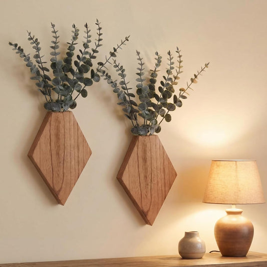 Chunful 2 Pcs Wooden Wall Planter Decor Hanging Fake Plants Greenery Flowers Holder Vase Boxes for Wall Bohemian Farmhouse Room Kitchen Office Indoor Decoration(Wooden Color,7.1 x 4.7 x 1.2 Inches)