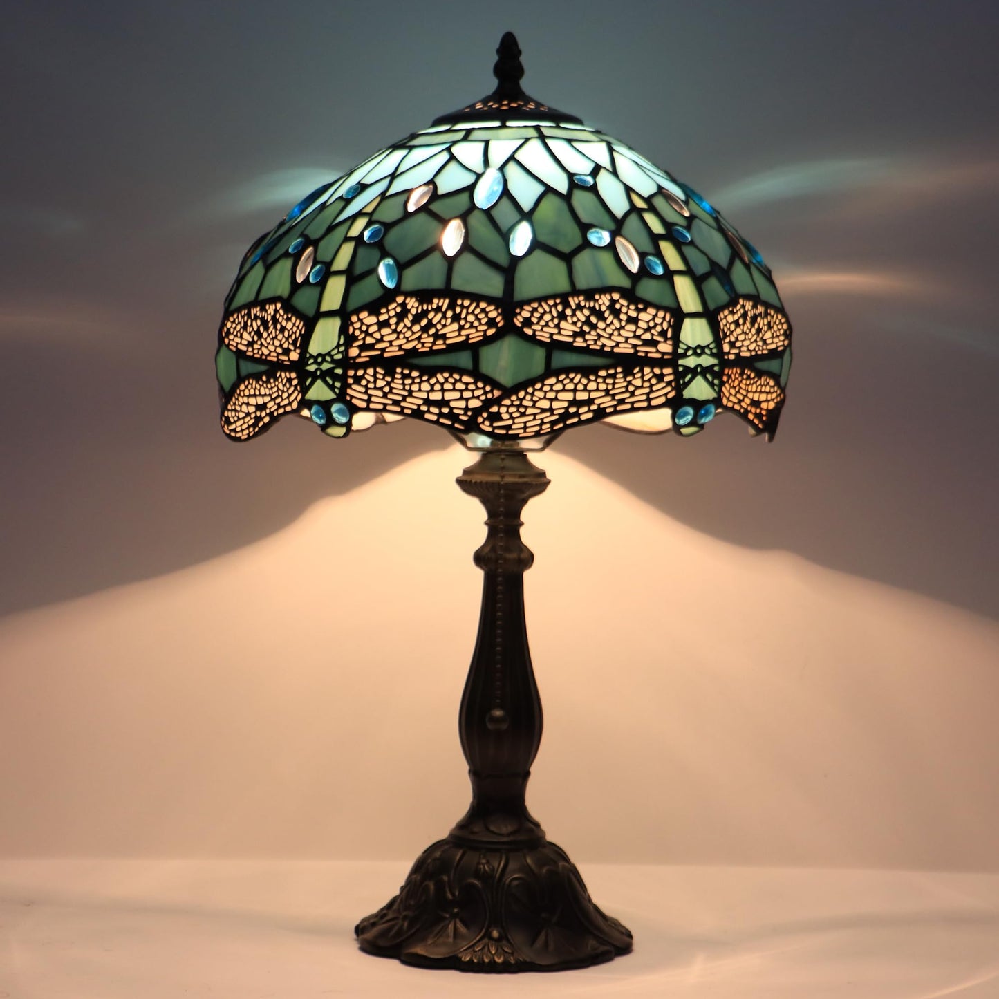 HZYFFYU Tiffany Style Stained Glass Table Lamp, Sea Blue Dragonfly