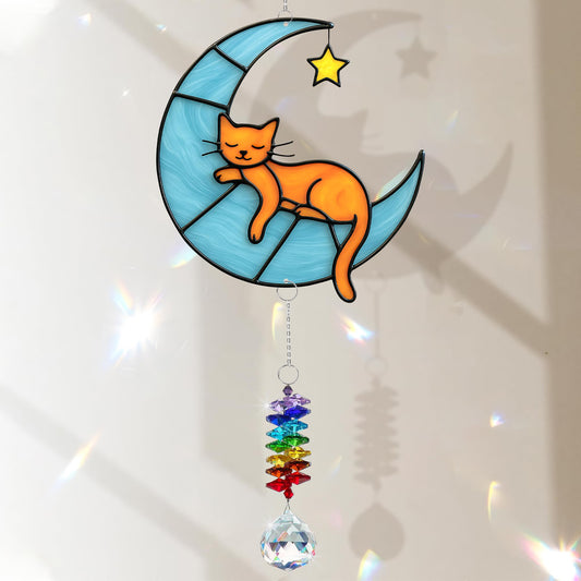 MALFIRST Orange Cat Suncatcher – Cute Orange Cats Hanging on Crescent Moon – Tabby Cat Gifts for Women, Home Window or Garden Decor