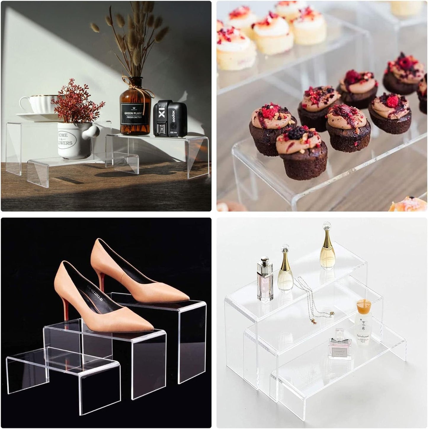 ANDGOO 12 Pack Large Acrylic Risers, 4 Set(11.2”L~11.6”L~12”L) Clear Rectangular Stands for Display, Tiered Acrylic Shelves for Decor, Collectibles, Dessert Table, Retail Display Shelf Showcases