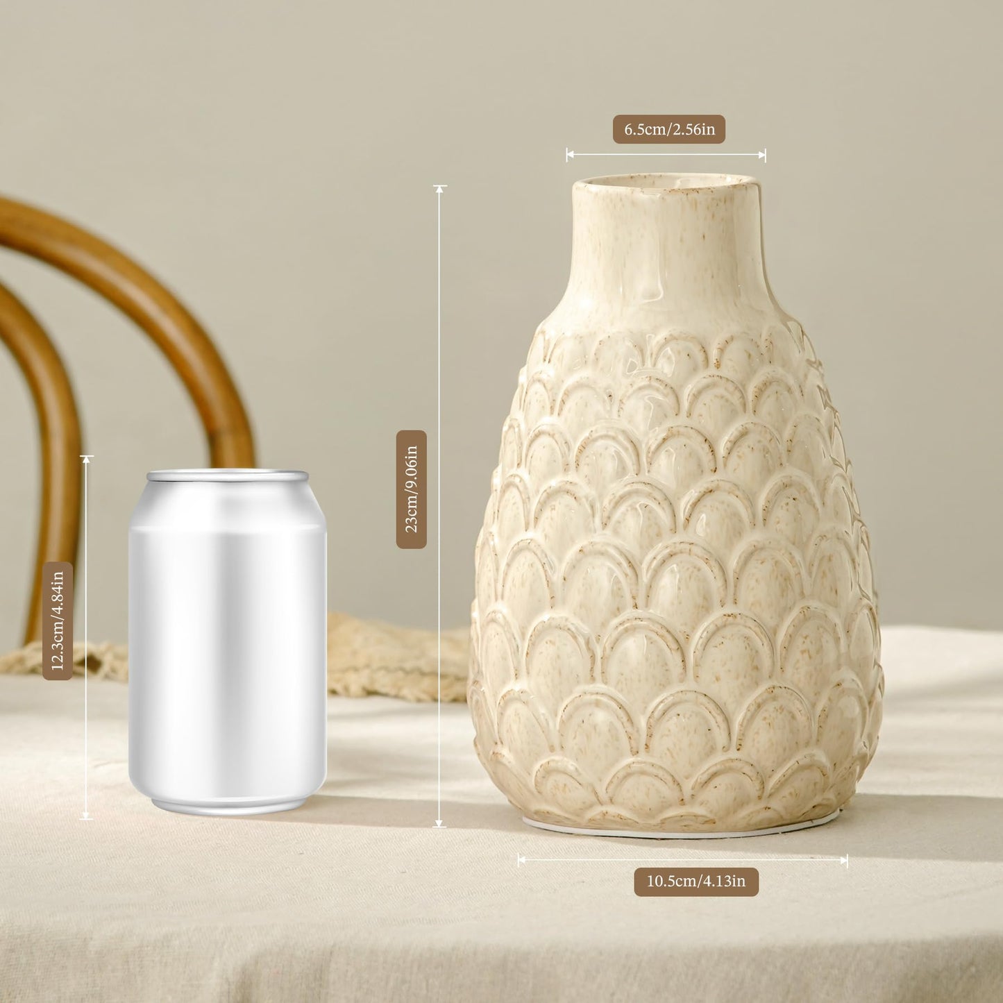 Ceramic Flower Vase, 9.06” Rustic Farmhouse Decorative Vase for Home Decor, Beige Textured Pottery Vase for Pampas Grass, Living Room, Entryway, Mantel, Kitchen Table, Centerpiece