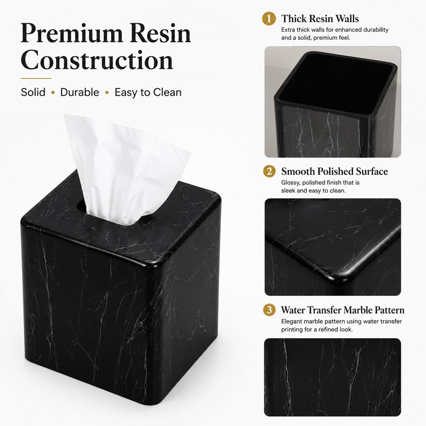 Square Resin Tissue Box Cover, Decorative Facial Tissue Holder with Black Marble Look Pattern, Water Transfer Printed for Bathroom, Living Room and Office