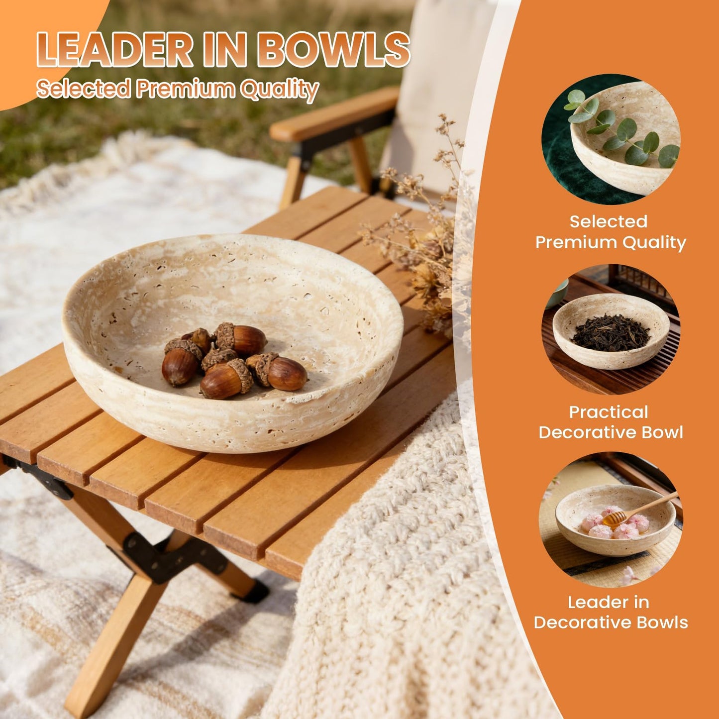 Takywep Natural Travertine Decorative Bowls Modern Centerpiece Bowl for Home Decor Multipurpose Fruit and Key Holder Ideal for Entryway, Coffee Table, Kitchen Counter, Dining Table, Key Bowl