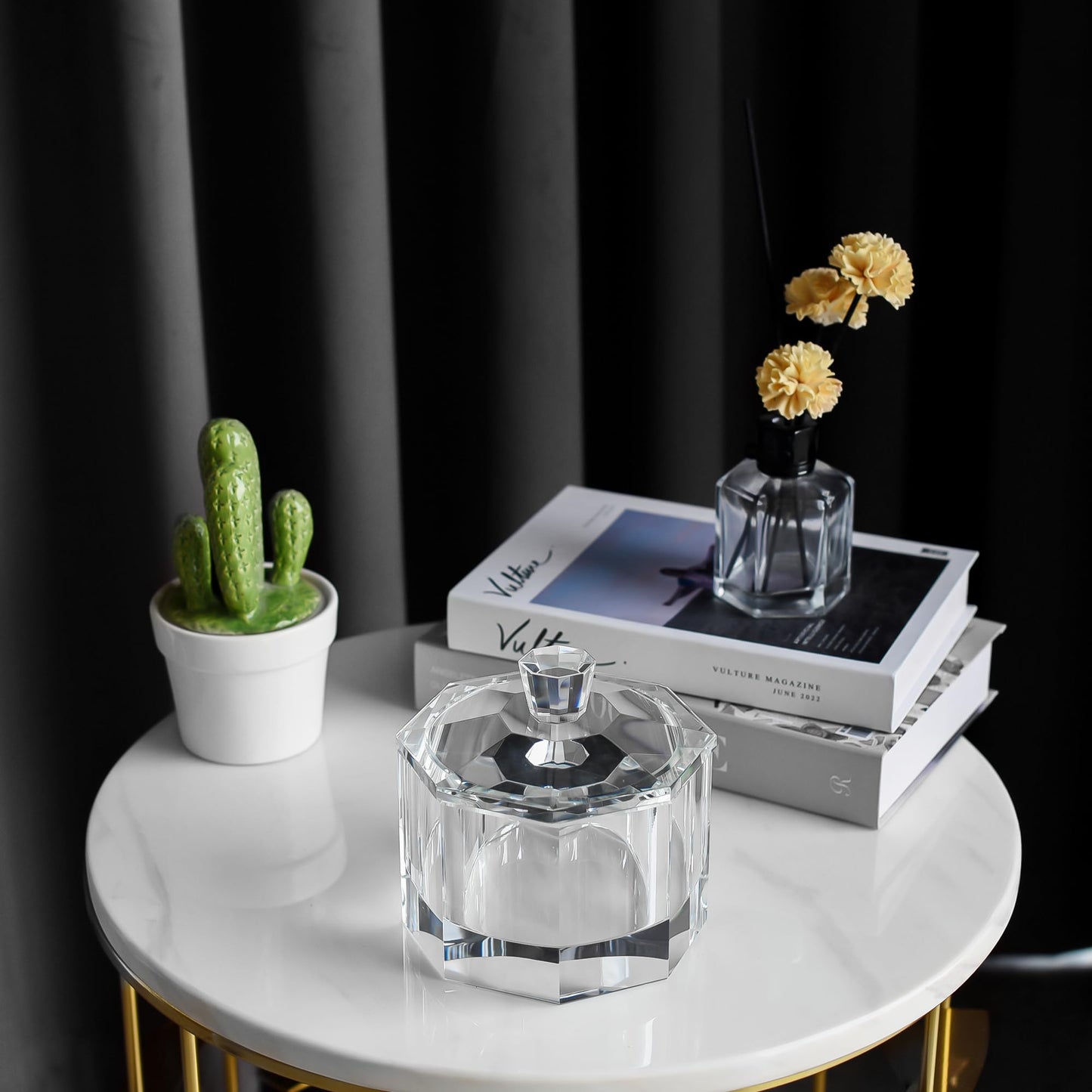 DONOUCLS Crystal Candy Dish with Lid Hand-Cut Home Decorative Jewelry Box/Jar W 5" x H 5" with Multi-faceted, Comes With Gift Box