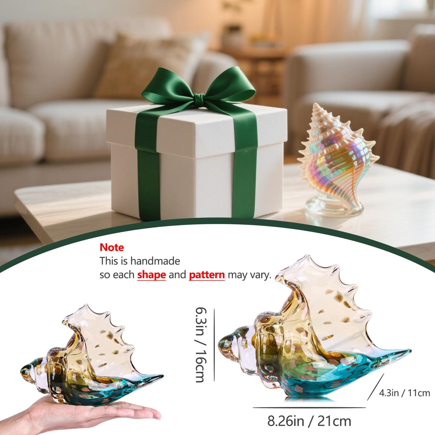 XMGZQ Hand Blown Glass Conch Statue,Sea Glass Art Figurine, Coastal Home Decor with Sea Shells, Living Room TV Stand Above Cabinet,Bookcase,Beach Decoration,Entryway Conch Horn Figurines