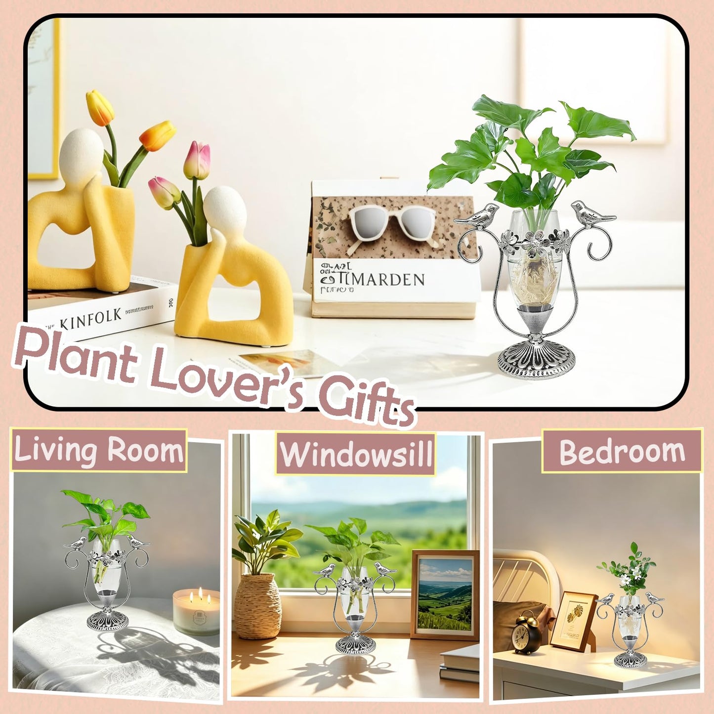 POXOHO Vintage Plant Propagation Station, Hummingbird Metal Glass Plant Terrarium Stand, Office Desk Room Unique Flower Vase, Plant Lovers Gift Ideas for Women, Men (Silver)
