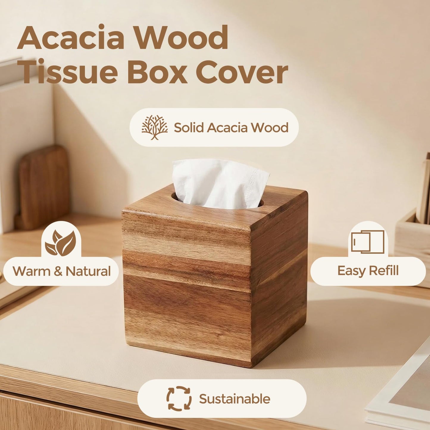 S310 Acacia Wood Tissue Box Cover, Square Tissue Box Holder with Slide-Out Bottom, Wooden Cube Tissue Covers Tissue Holders for Bathrooms Office Kitchen
