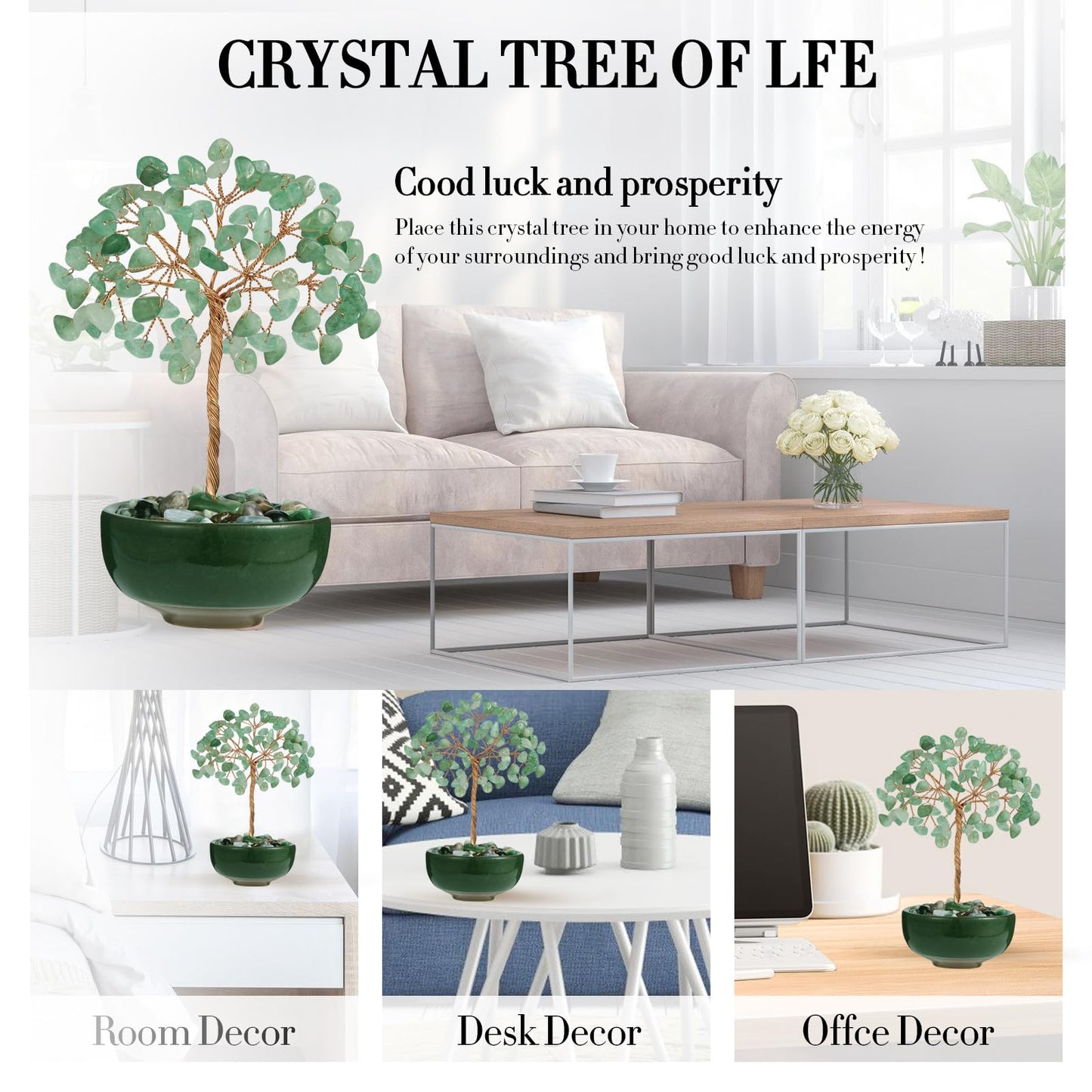 Green Aventurine Crystal Tree with Ceramic Base,Natural Gemstone Feng Shui Money Tree for Wealth,Good Luck & Positive Energy,Handmade 5 Inch Healing Abundance Bonsai for Home Office Decor