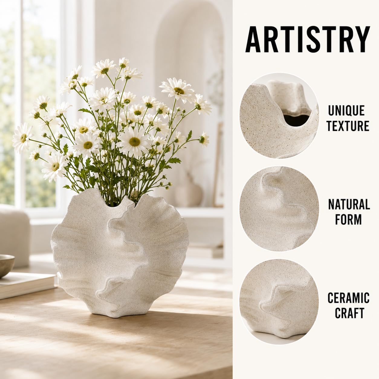Betiura Ceramic Vase, Modern Sculptural Textured Vase, Beige Abstract Flower Vase for Home Decor, Living Room, Coffee Table, Shelf, Office, Centerpiece