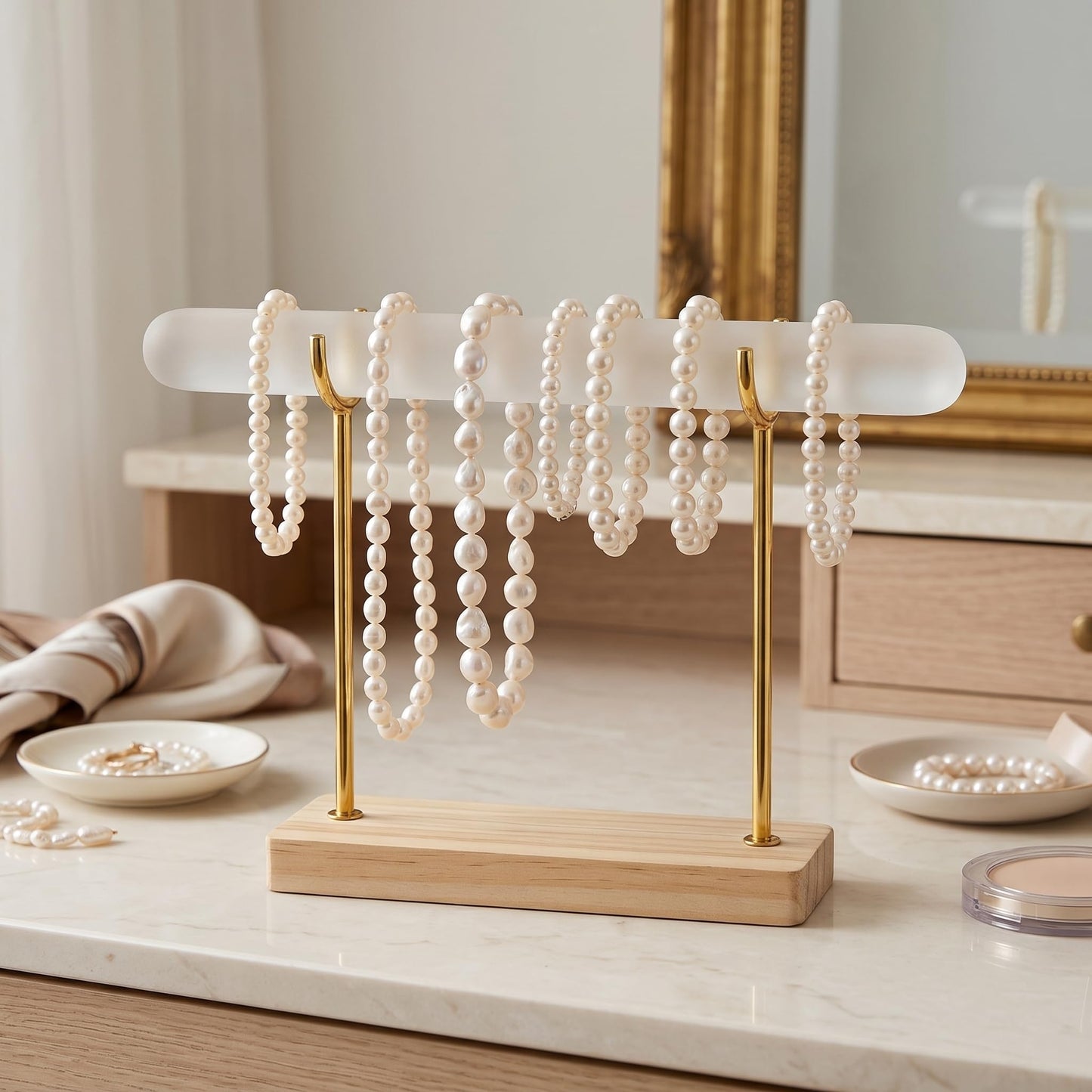 Selenite Bracelet Holder Display Stand, Detachable Selenite Crystal Healing Goth Bracelet Display Stand with Wooden Base, Jewelry Wrap Organizer Holder for Necklace Watch Bangles Charging Cleansing