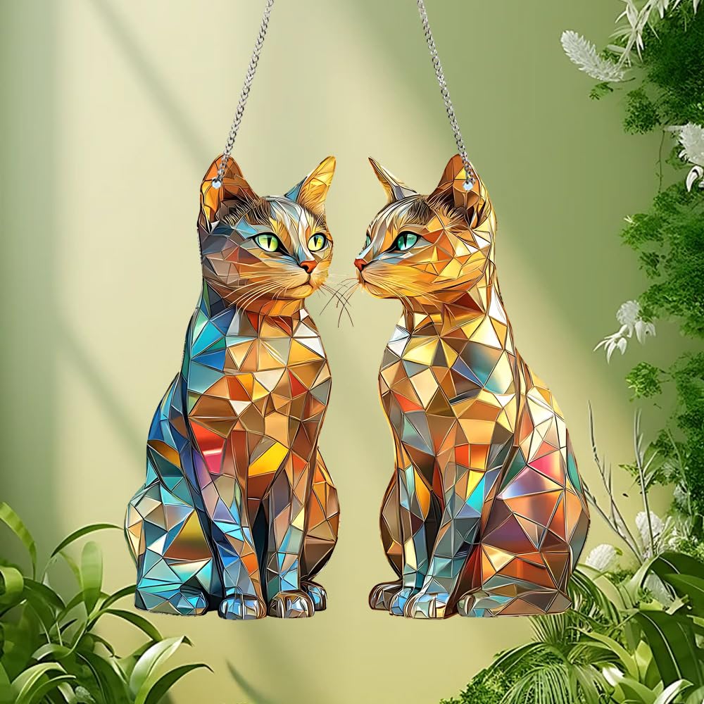 Two Cats Stained Window Hanging Ornament, Kittens Shape Stained Acrylic Double-Sided Printed Window Panel, Great Gift for Mom Grandma Animal Lover for Birthday Mother's Day or Housewarming
