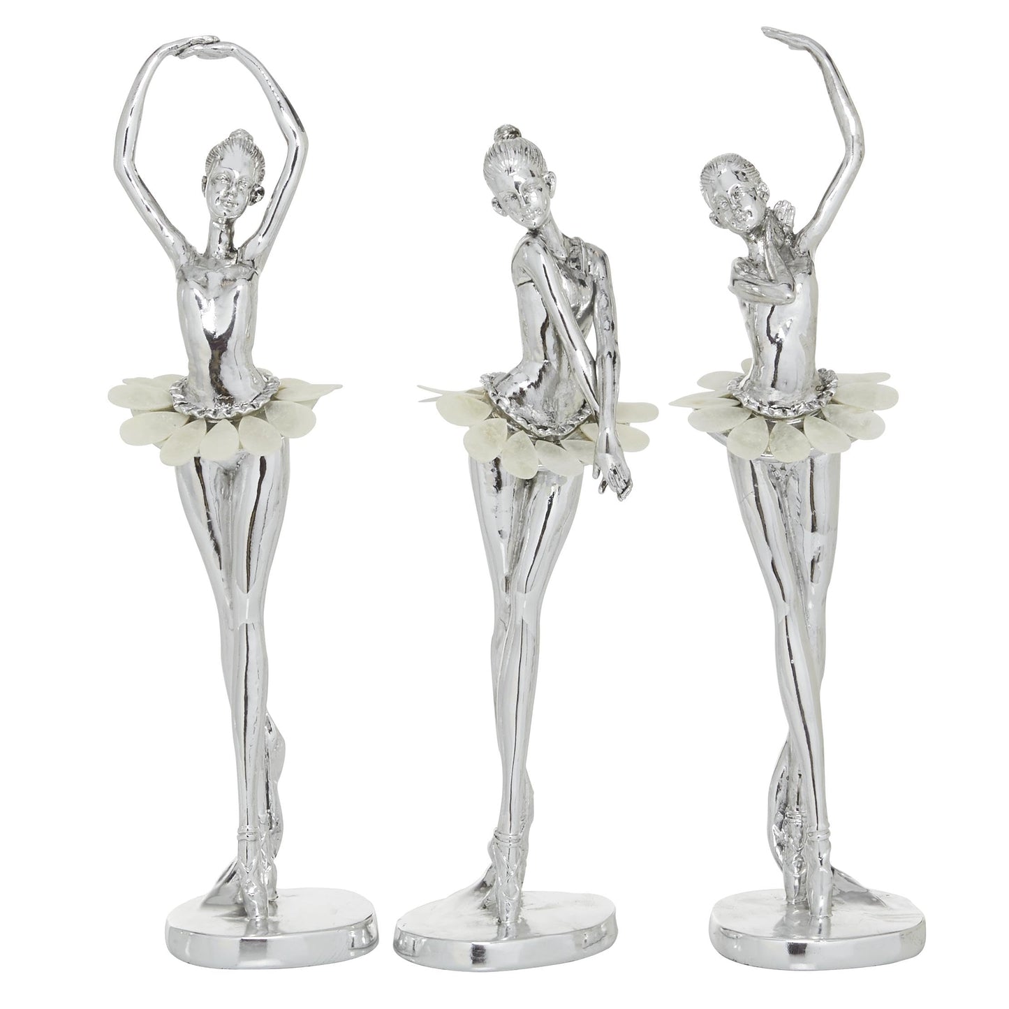 Deco 79 Polystone Dancer Decorative Sculpture Home Decor Statues with Capiz Inlay, Set of 3 Accent Figurines 12", 12", 11"H, Silver