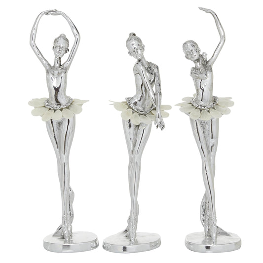 Deco 79 Polystone Dancer Decorative Sculpture Home Decor Statues with Capiz Inlay, Set of 3 Accent Figurines 12", 12", 11"H, Silver