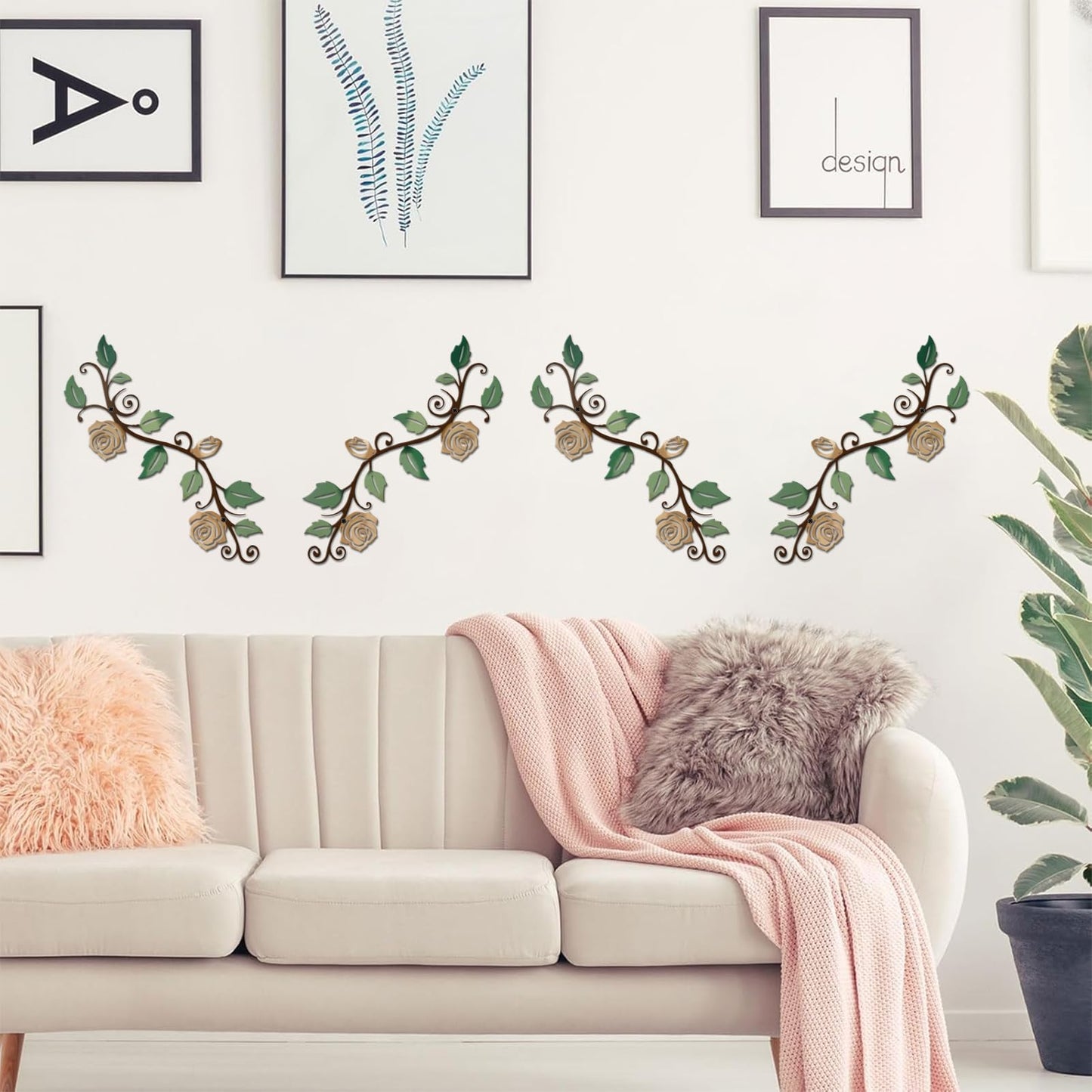 DUOOLN 2 Pcs Metal Rose Tree Leaf Wall Decor, Long Iron Scroll Vine Wall Art, Rustic Hanging Sign Flowers Sculpture, For Above Door Living Room Office Indoor And Outdoor Decoration - Rose Gold