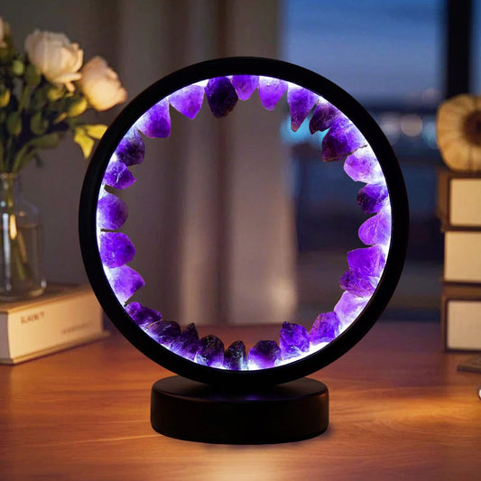 RJINGSHI Crystal Lamp Natural Amethyst Light, 3-Color Dimmable Crystal Bedside Lamp, USB Powered with Adjustable Brightness, Eye-Caring Light for Bedroom Living Room Home Decor Amethyst-Round