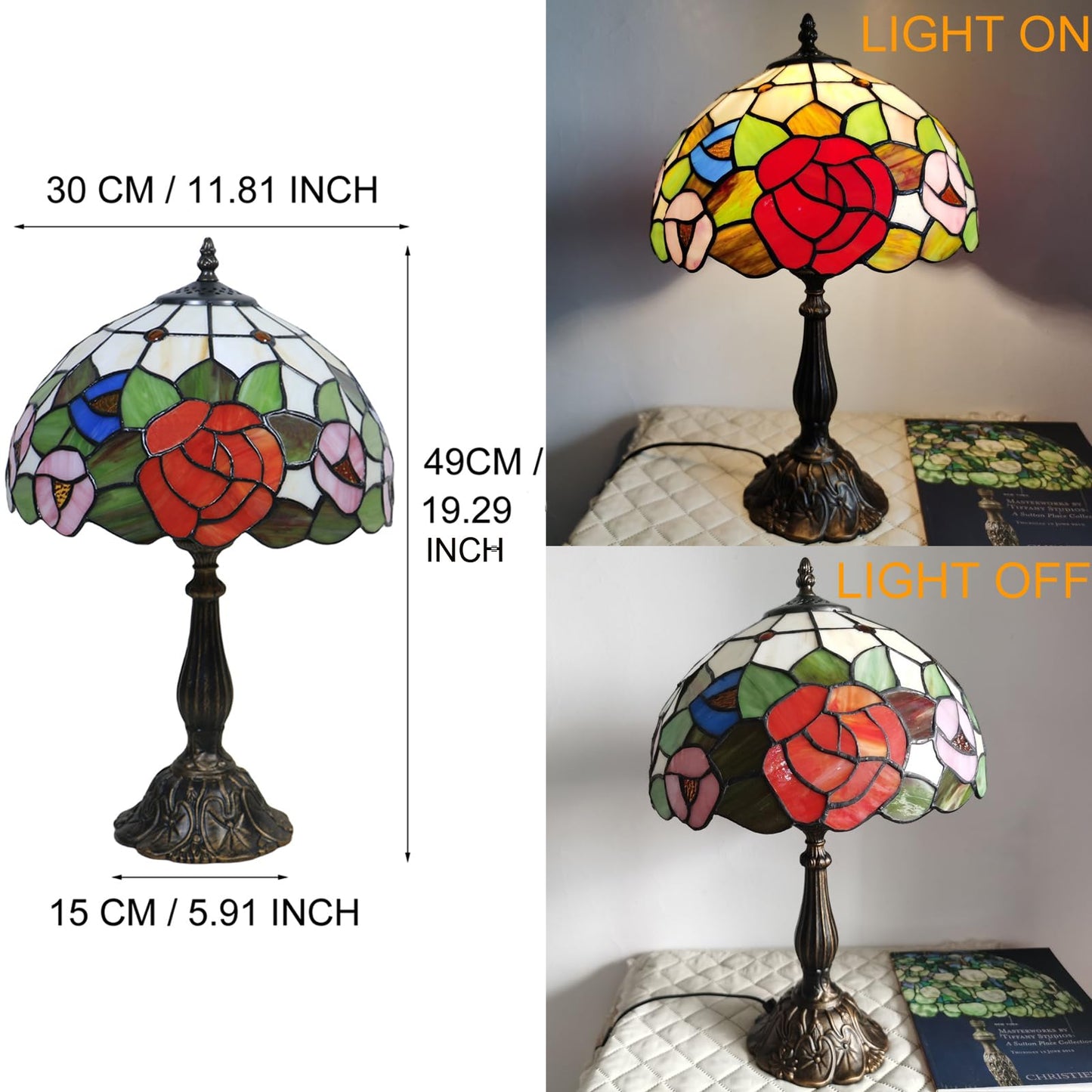 tuomoxte Tiffany Style Table Lamp, Stained Glass Bedside Lamp, Handmade Antique Desk Lamp, Red Rose Pattern, for Living Room Bedroom Home Office, Height 19 Inch, Width 12 Inch, Include LED Bulb
