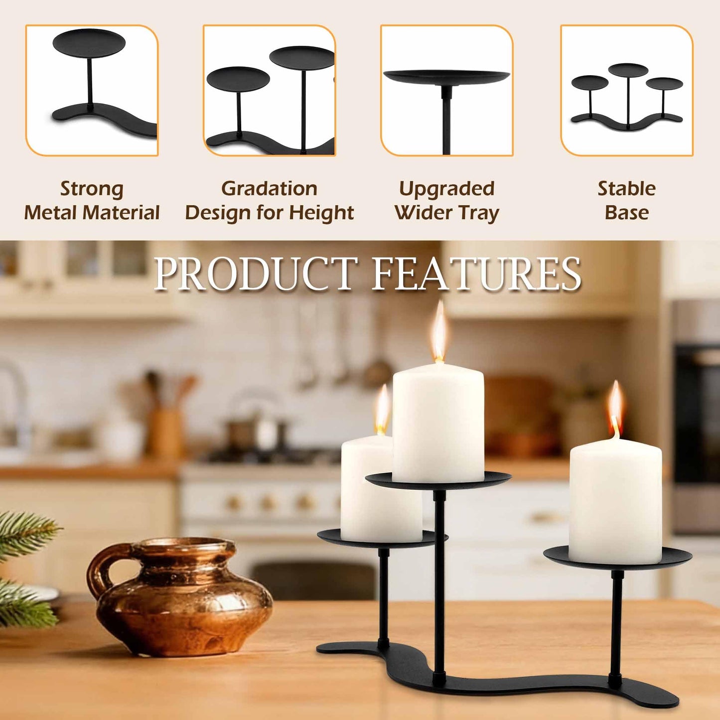 3-Arm Iron Candelabra Candle Holder -10 Inch Waved for Pillar Candles