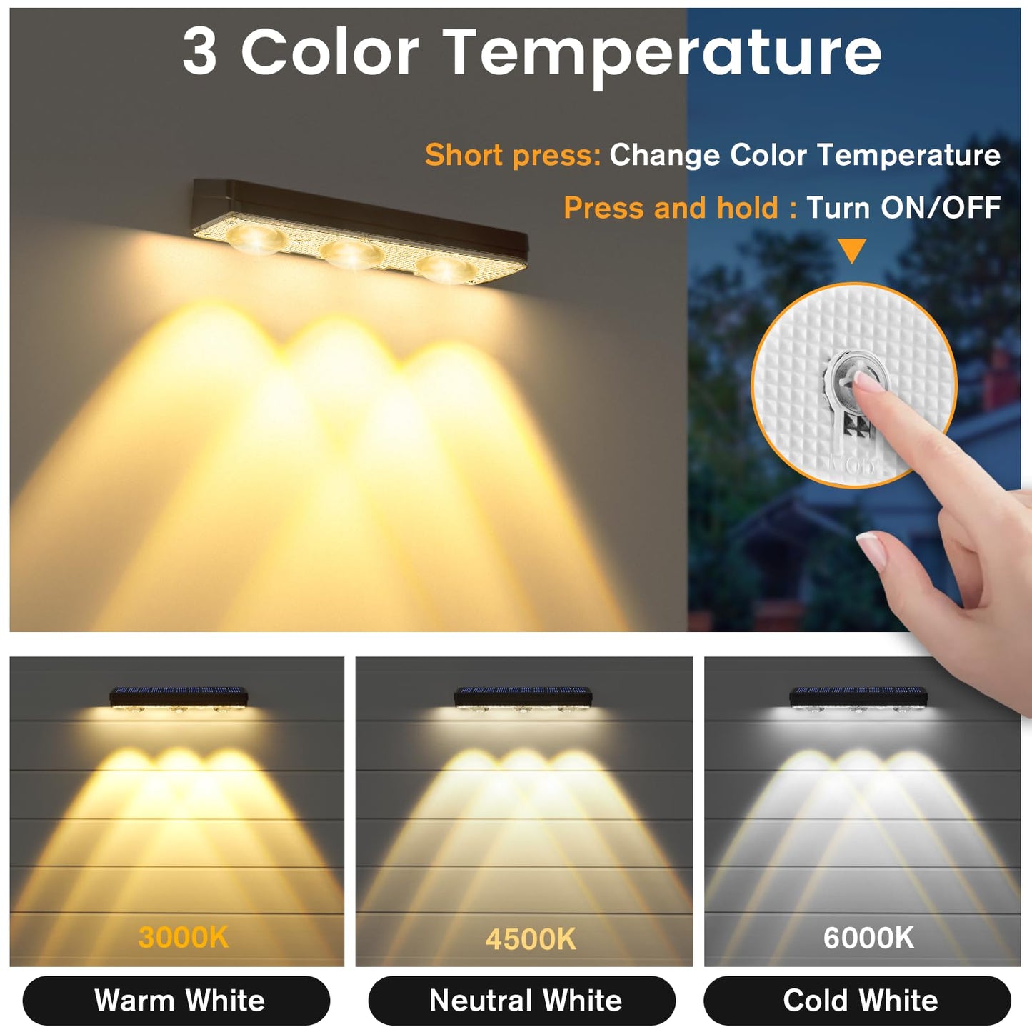JOFIOS Solar Fence Lights Outdoor,1300mAh,Warm/Natural/Cool White,IP65 Waterproof,6 inch Fence Lights Solar Powered,Solar Lighting for Deck, Backyard, Railing(8Pack Black)