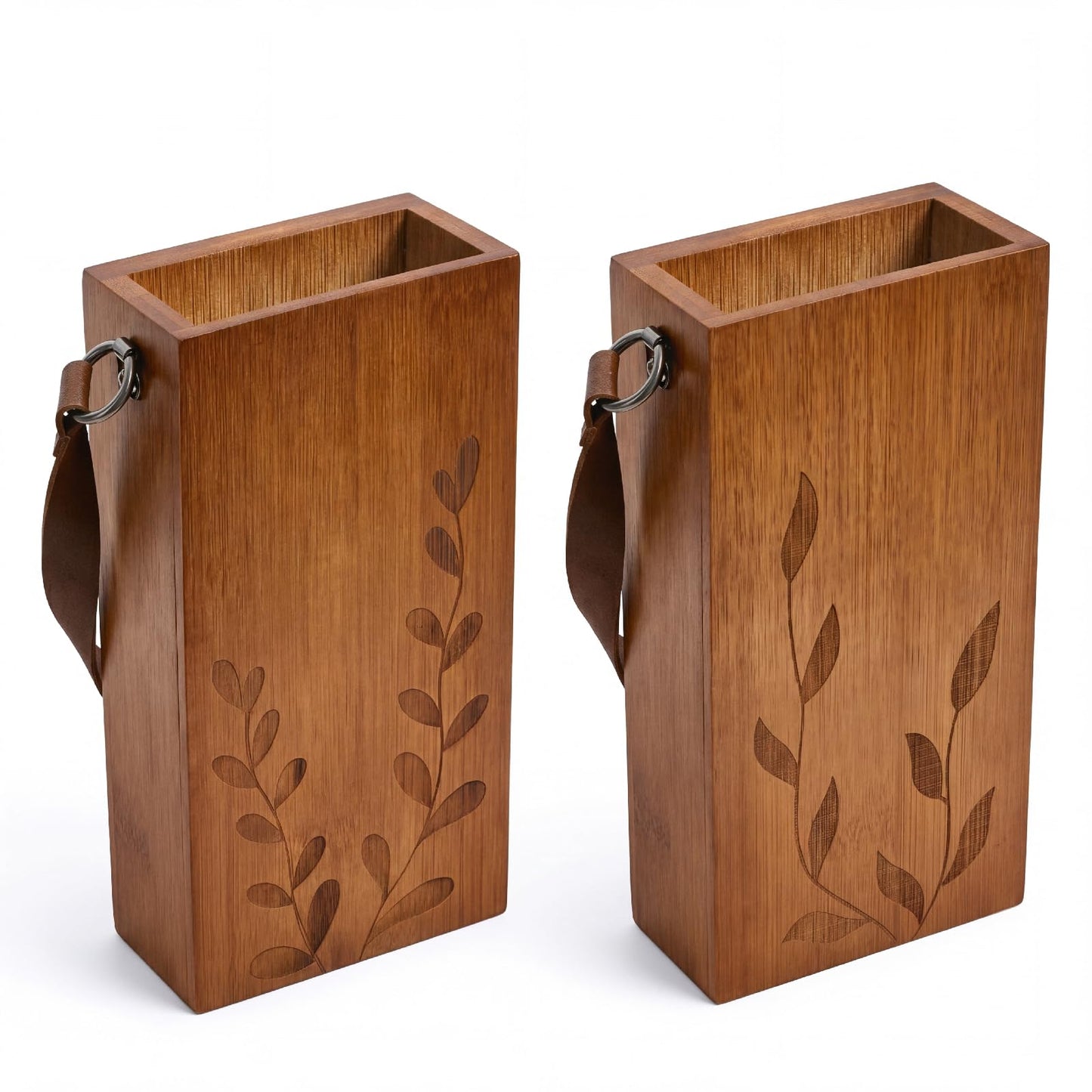 Set of 2 Bamboo Wall Planters Indoor Plants Brown Wood Wall Vase with Durable Leather Handle Boho Wall Decor Living Room Hanging Propagation Stations for Dried Flowers Paintbrushes