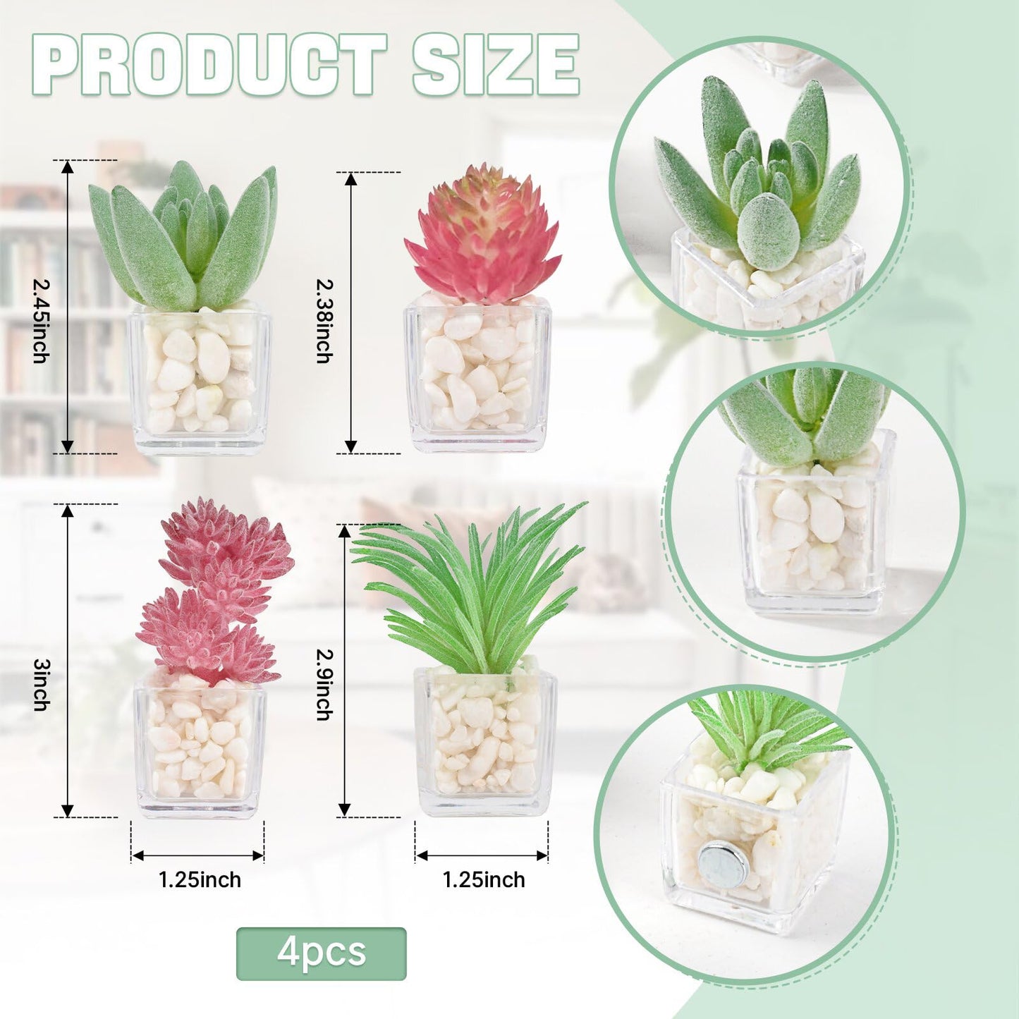 Luckforest Mini Artificial Succulent, 4 Pcs Lifelike Simulation Succulent with Pot Small Artificial Plants for Home Locker Kitchen Refrigerator Office Whiteboard Photography Props