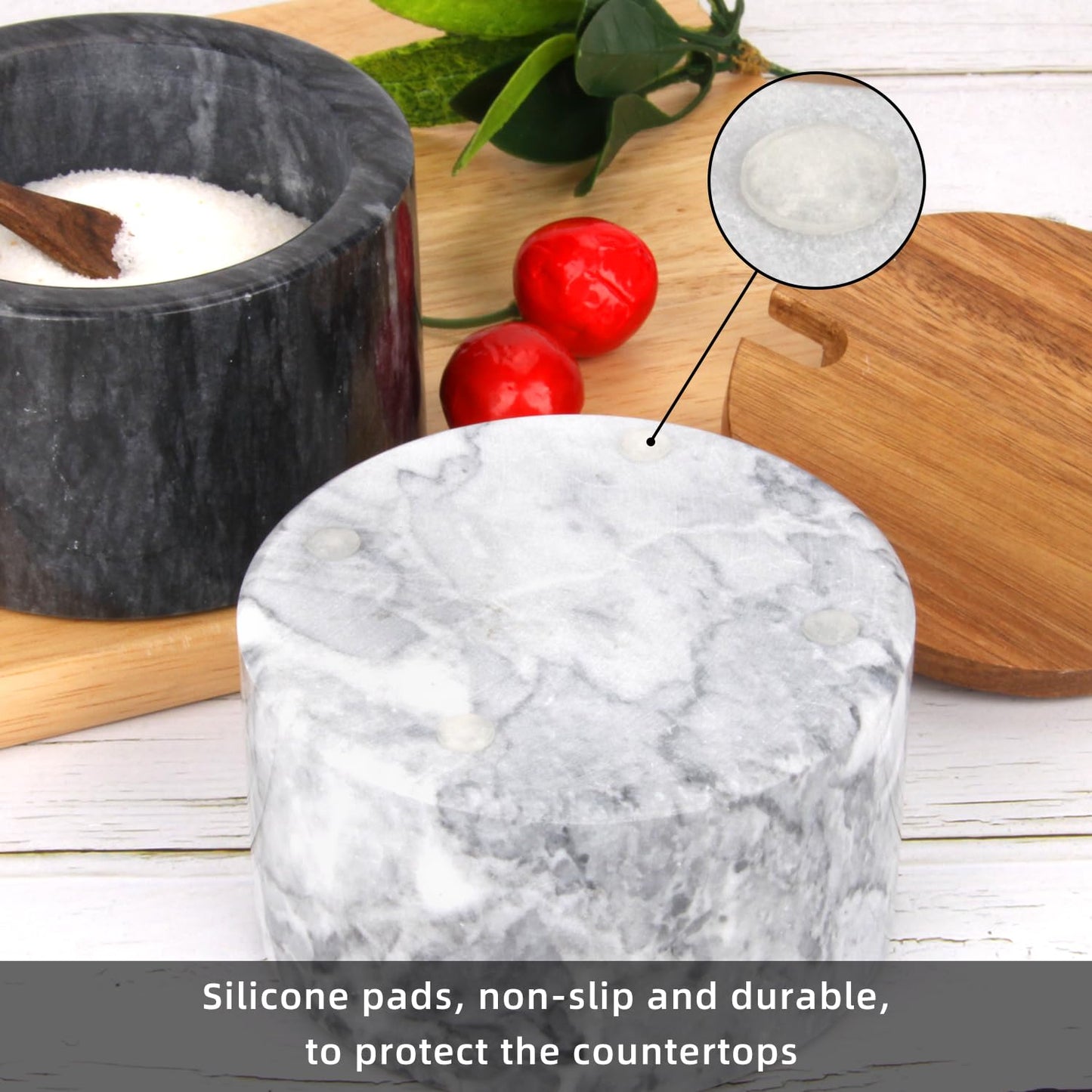 HESHIBI Marble Salt Cellar Box with Wood Lid & Spoon, Modern White Stone Salt or Pepper Sugar Spice Seasoning Bowl Container Jar Holder Well Keeper Dish Pig Crock for Kitchen (Light Grey Bowl)