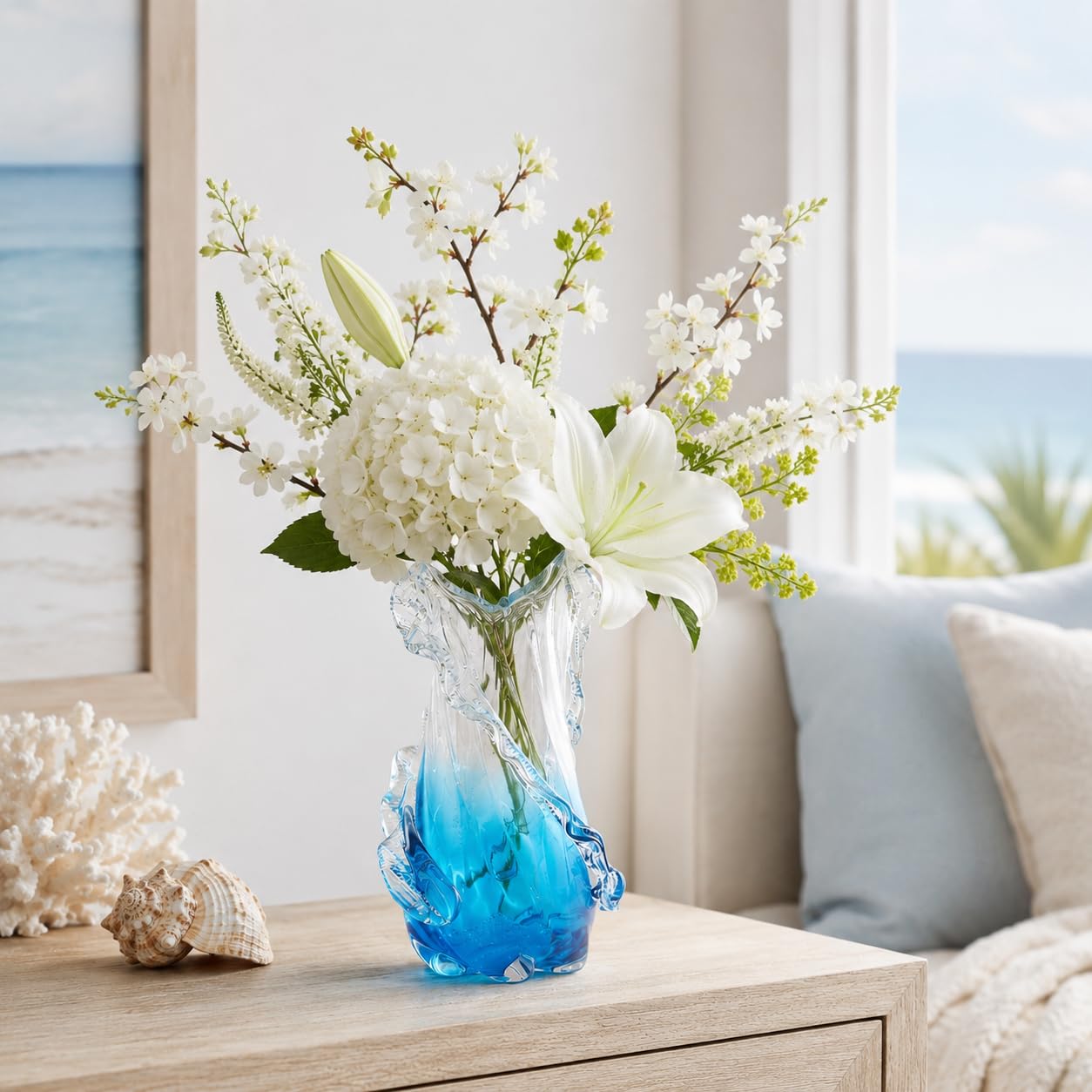 Hand Blown Blue Glass Vase, Sea Glass Ombre Wavy Coastal Vase, Murano Style Decorative Glass Vase for Home Centerpiece, Coffee Table, Living Room & Office Decor (Medium)