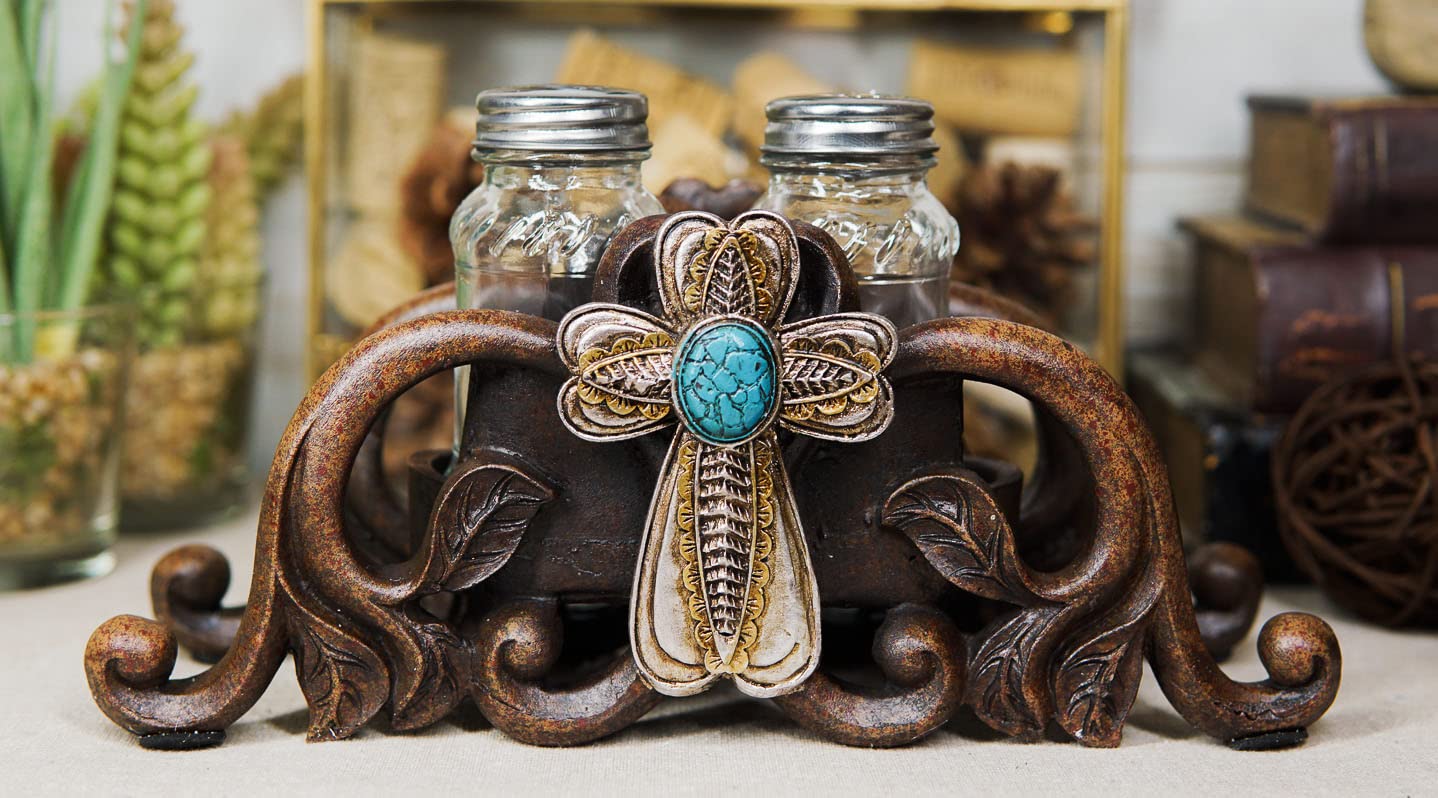 Ebros Gift Decorative Turquoise Stone Holy Cross With Faux Wood Scroll Lace Vines Salt and Pepper Shakers Set Spiritual Religious Christian Decor Inspirational Sculptures For Dining Table Bar Accent