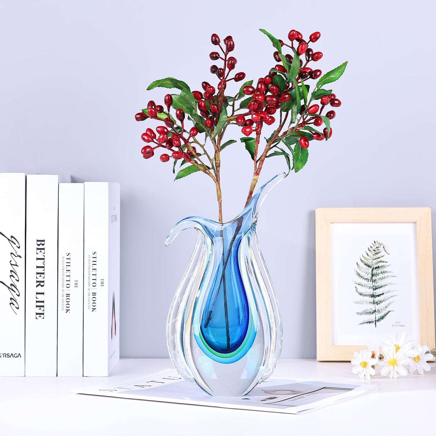 Blown Glass Blue vase, Unique Murano Style Glass Art Deco vase for Living Room TV Stand, Table Setting, Office, Room and Desktop Decorations and Ornaments.