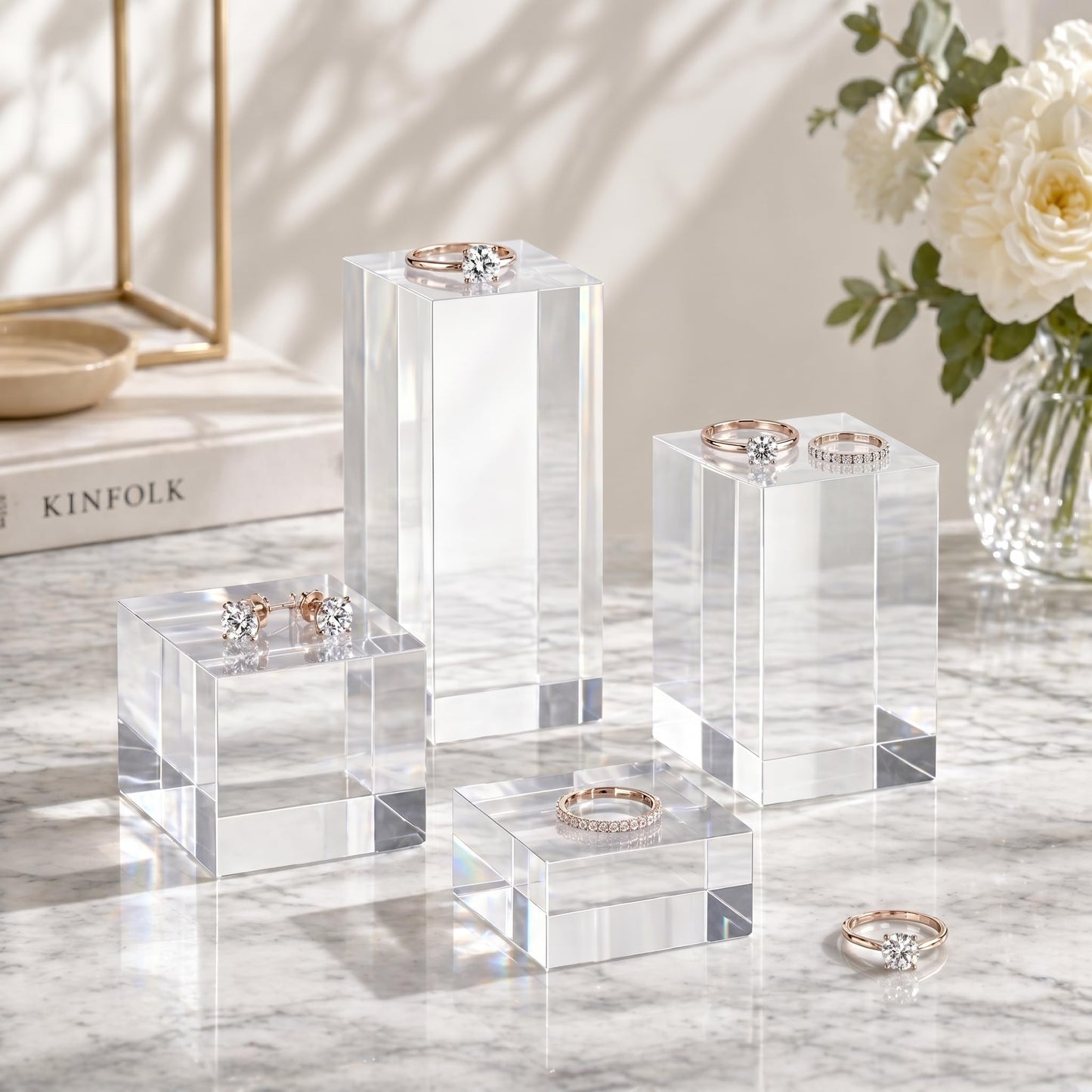 Funzhan 4 Pcs Acrylic Square Display Blocks,4 Size Clear Polished Acrylic Cube Risers,Acrylic Base Stand for Photography Props ,Jewelry, Cosmetics, Crafts & Boutique Showcases