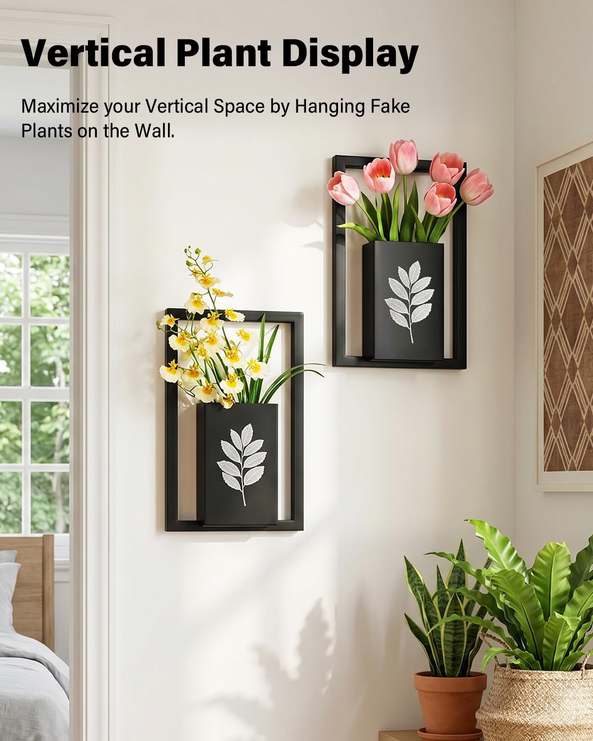 Hoolicute Wall Planter Vase Set of 2 - Black Metal Hanging Planter for Indoor Plants & Flowers, Frame Wall Mounted Planter for Art Home Wall Decor for Living Room, Bedroom, Bathroom, Entryway, Hallway