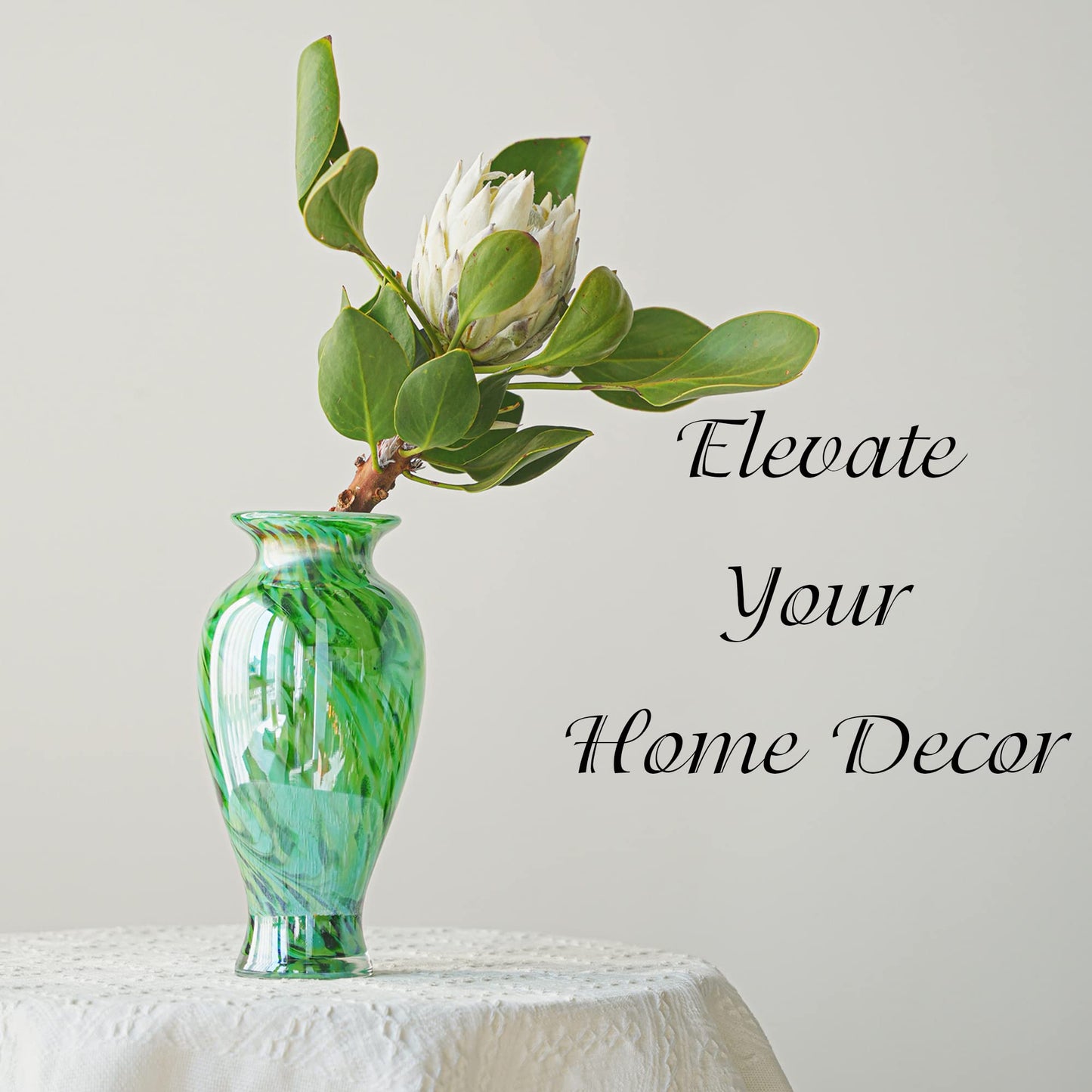 Hand Blown Green Classic Vase for Home Decor, 11.5Inch Glass Flower Vase for Shelf Decor, Living Room Decor, Centerpieces, Unique Gift for Her Mom Sister Friends