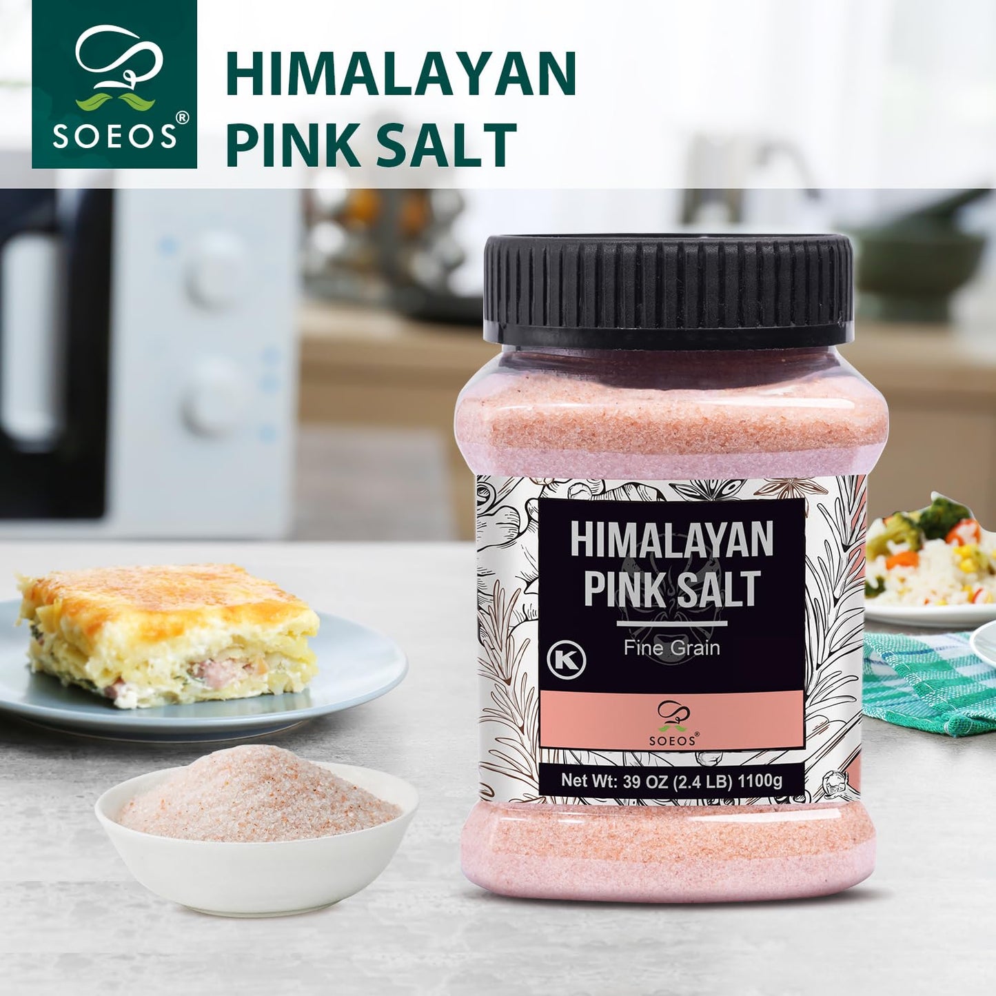 Soeos Himalayan Pink Salt,Fine Grain,39oz (2.4 LB),Non-GMO Himalayan Salt,Kosher-Salt,Pink-Himalayan Sea-Salt,(Pack of 2)