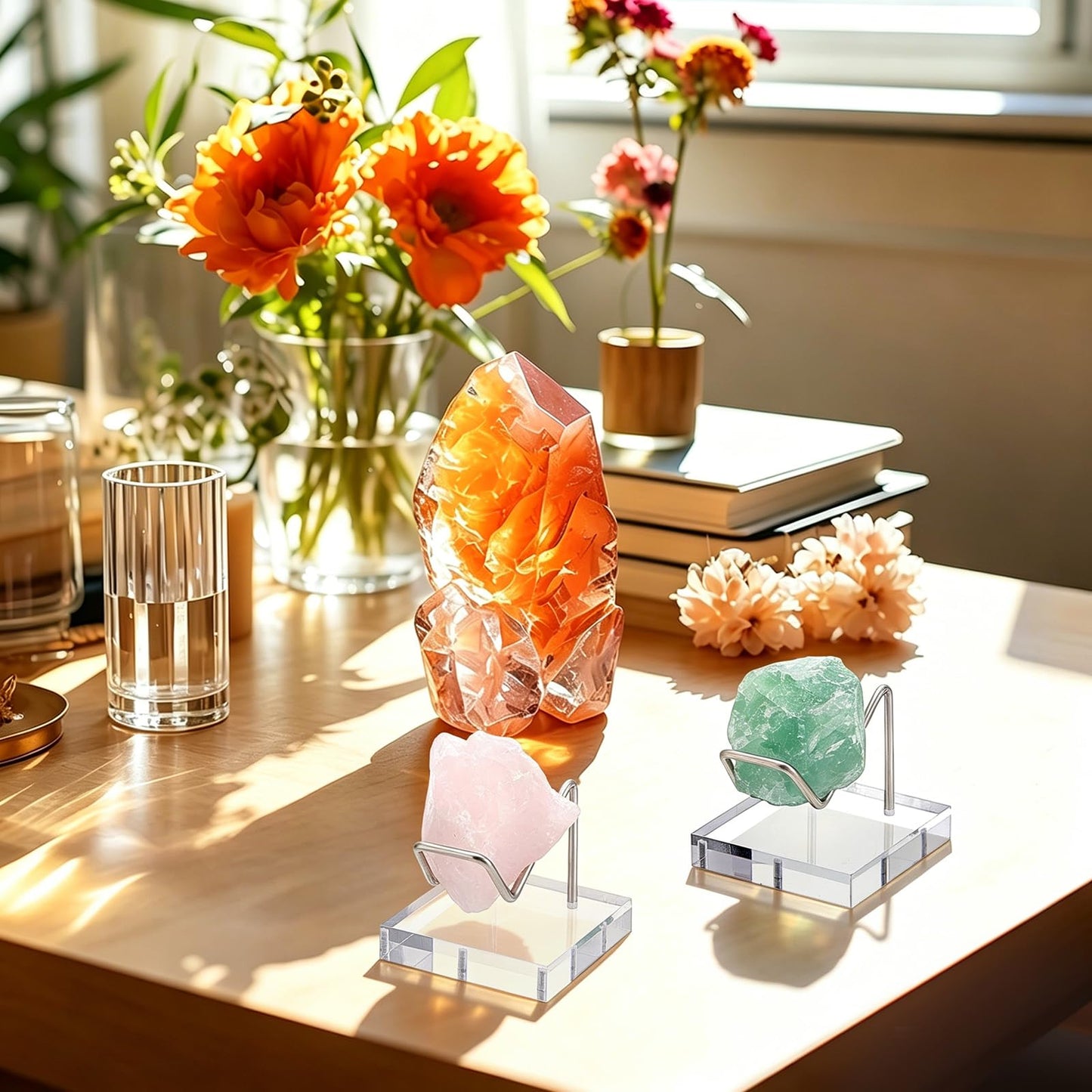 twinklemon 12PCS Clear Acrylic Display Stand Rock Display Holder with Acrylic Pedestal Base and Metal Arms Small Easel Stands for Fossil Coral Crystal Geodes Rock Mineral Agate Collectibles (Silver)