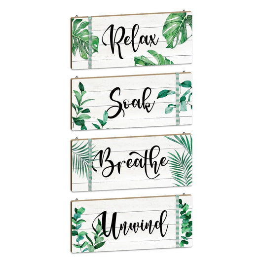 Putuo Decor Bathroom Wall Decors Relax Soak Breathe Unwind Wall Decor Set of 4, Botanical Bathroom Quote Wood Sign Panels, Spa Style Hanging Wall Art for Bathroom, Bedroom, Yoga Room, Apartment