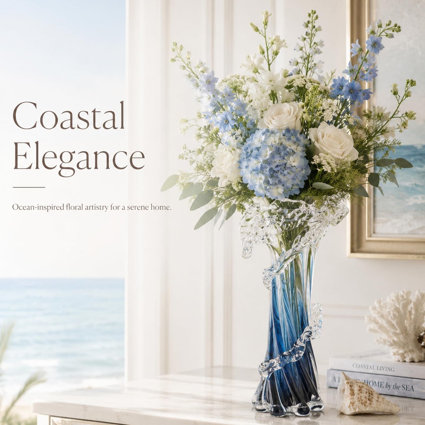 12" H Blue Blown Glass Vase, Modern Art Hand Blown Coastal Vase,Beautiful Unique Ocean Wave Centerpieces for Living Room, Bedroom, Office Desktop,Coffee Table and Wedding Decorative (L)