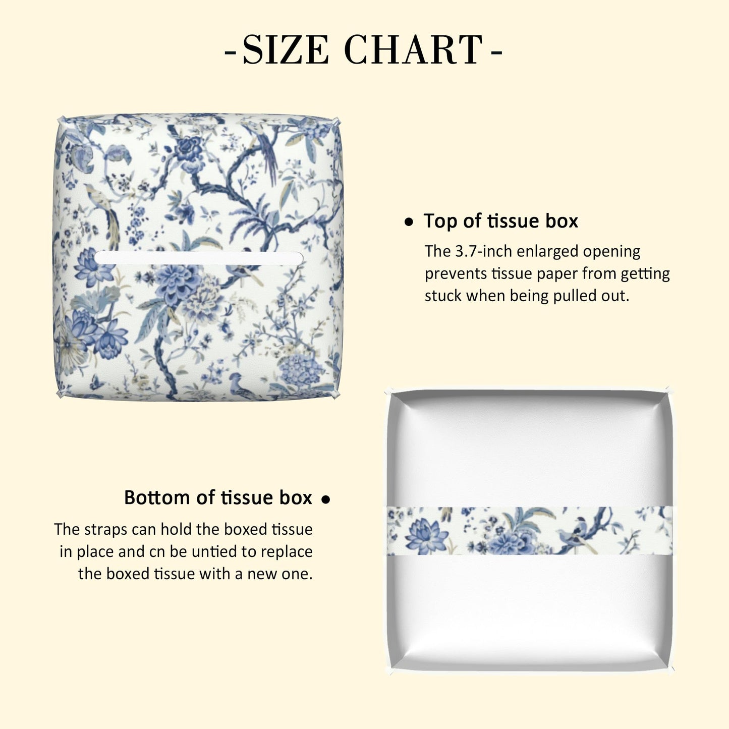 POIUBLE Blue Flower and Bird Tissue Box Cover Leather Tissue Box Holder Square Facial Paper Organizer Dispenser for Bathroom Kitchen Bedroom Vanity Countertop Night Stands