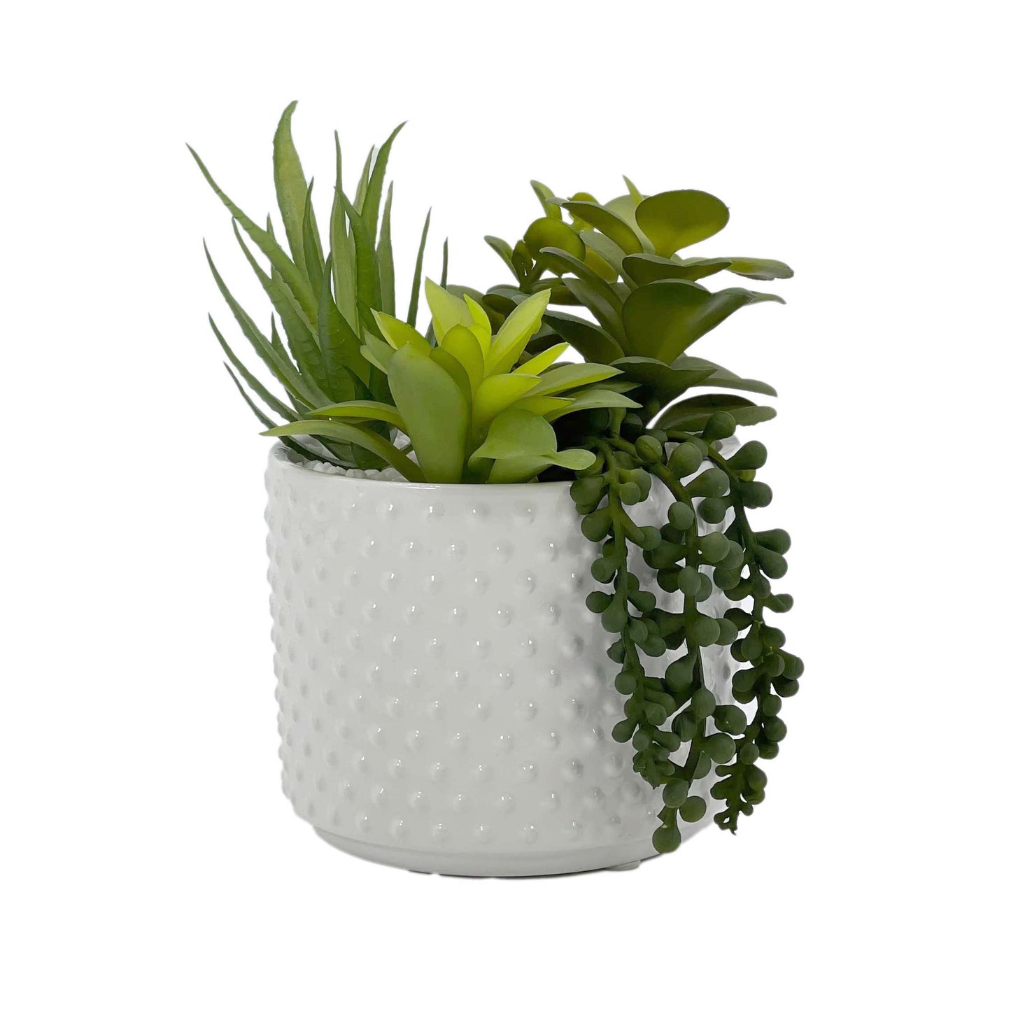 Galt International Faux Assorted Succulent Arrangement in White Dimpled Ceramic Porcelain Pot Planter 7.87" Tall | Home Decor Living Room Kitchen Washroom Restroom Office Plant