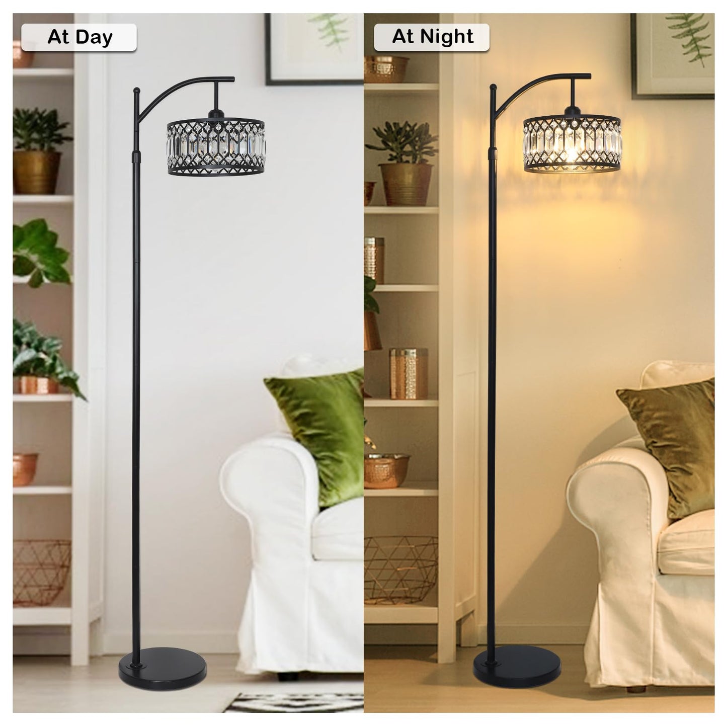 Crystal Floor Lamps for Living Room, Modern Arc Floor Lamp, Black Standing Lamp with Edison Bulb, Height Adjustable Tall Lamp for Bedroom, Corner Stand Up Lamp for Office, Arched Reading Light