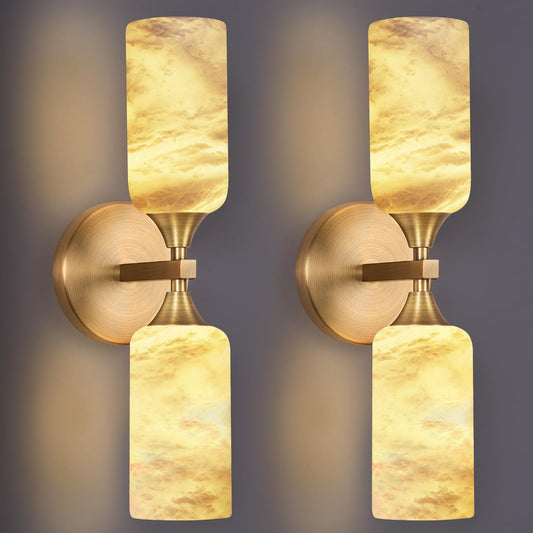 Stbri Alabaster Sconces Set of 2,15.3in Modern Natural Marble Vanity Light, Hardwired Brass Gold Wall Sconces Lighting for Living Room,Bedroom,Indoor Sconces for Bathroom Mirror,Hallway