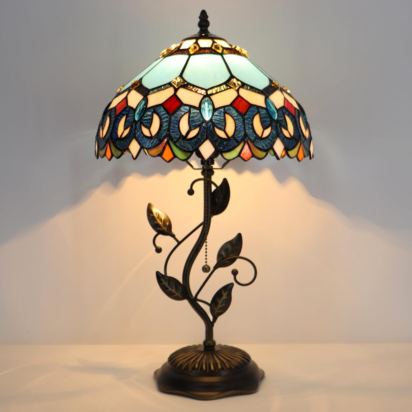 LXHCYOU Tiffany Table Lamp, Stained Glass Desk Light, W12H19 Inch, Metal Leaf Base (Sapphire Style)