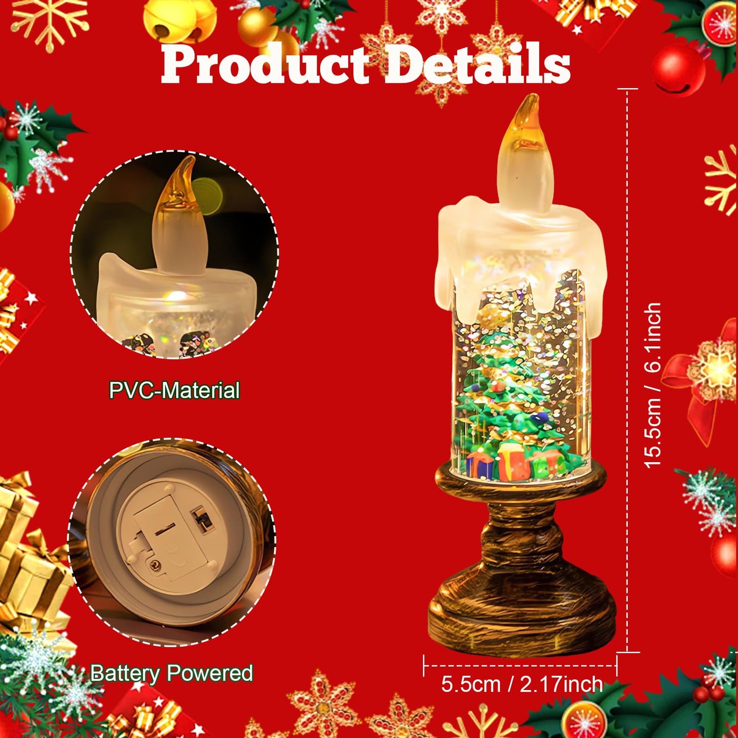 AVEKI Christmas Flameless Candles, Snow Globe Candles Light with Fluttering Sequins, Battery Operated Taper Candles for Home Party Christmas Decorations (Christmas Tree)