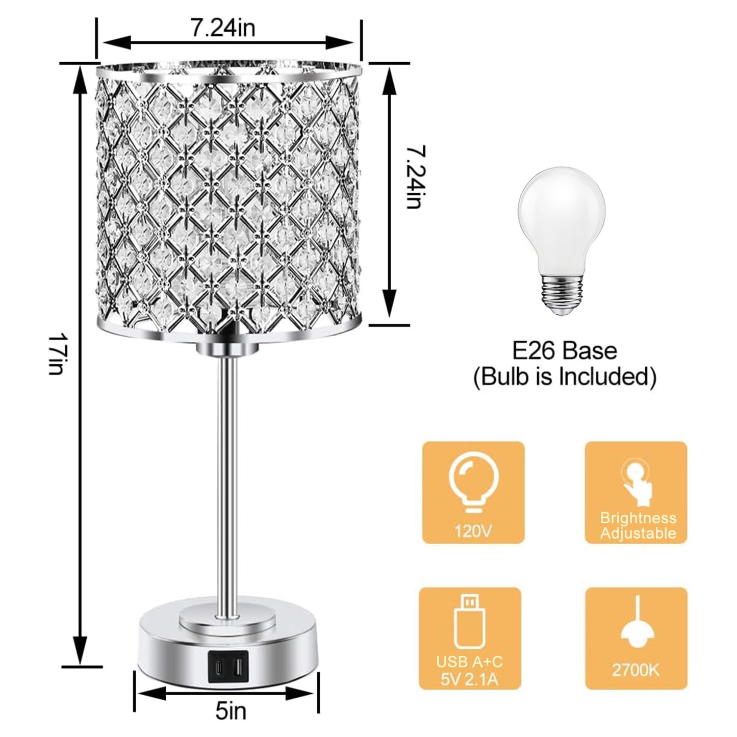 GyroVu Crystal Table Lamp for Bedroom Living Room, Touch Control Bedside Lamp with USB C+A Ports - Dimmable Nightstand Lamp Modern Light, Bulb Included