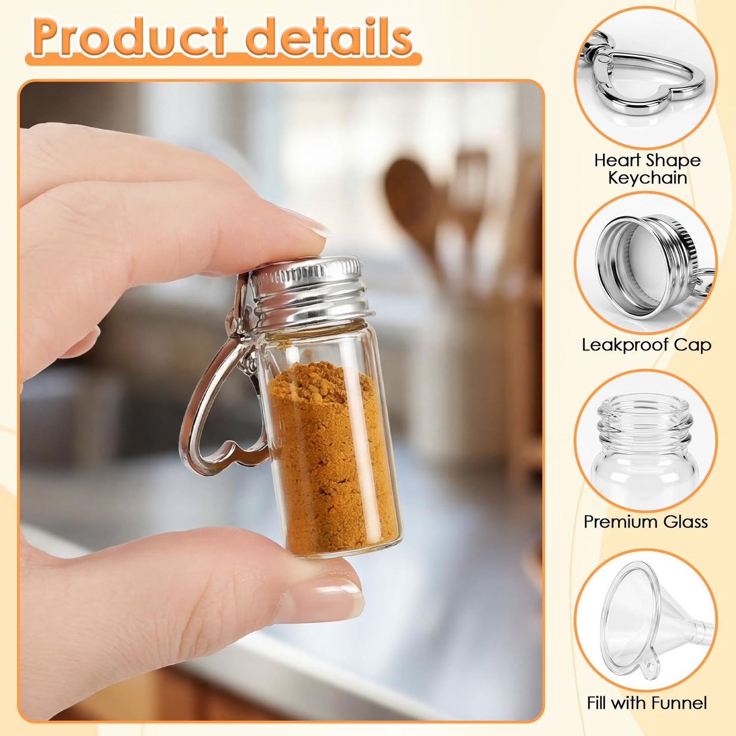 CQDAXUMY 6 Pcs Travel Salt Shaker, Mini Salt Keychain Bottle with Mini Funnel, Portable Clear Glass Spice Jar, Small Key Chain Travel Salt and Pepper Shakers for Camping, Office, Outdoor
