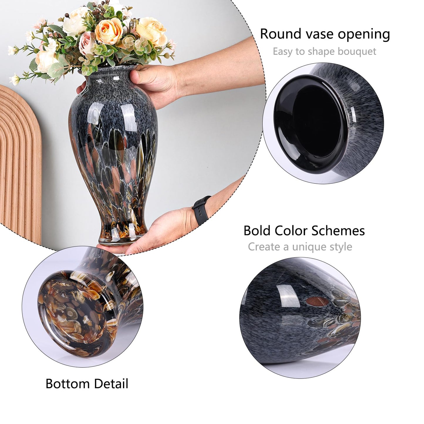Hand Blown Glass Vase 11.8" Tall Beautiful Amber Blue Sea Wide Mouth Bud Vase for Table Centerpiece, Painted Colorful Murano Glass Flower Vases for - Home Entrance Wedding Center